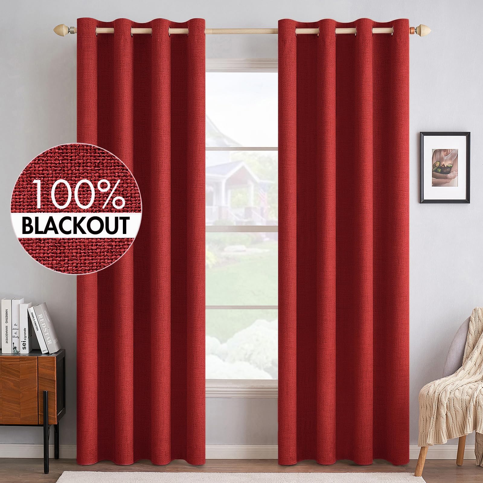 MIULEE 90 Inches Linen Textured Curtains for Bedroom 100% Blackout Thermal Insulated Natural Beige Grommet Room Darkening Curtains & Drapes Luxury Decor for Living Room Nursery 52 x 90 Inch (2 Panels)