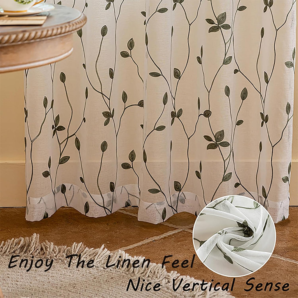 AmHoo 2 Panels Embroidered Leaf Pattern Semi Sheer Curtains Foliage Floral Voile Window Draperies Treatment for Bedroom Living Room Rod Pocket White Sage Green 53 x 84 Inch