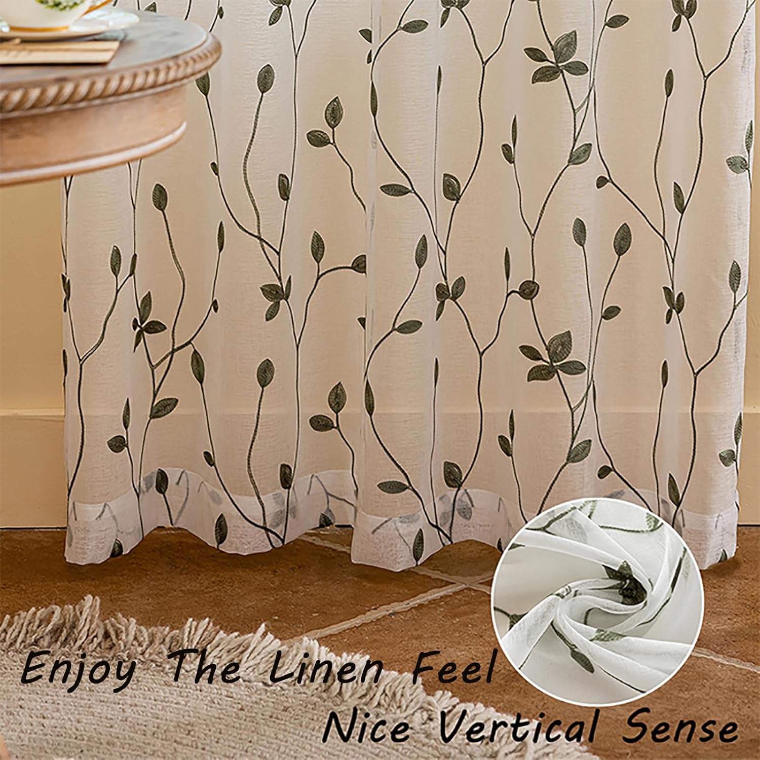 AmHoo 2 Panels Embroidered Leaf Pattern Semi Sheer Curtains Foliage Floral Voile Window Draperies Treatment for Bedroom Living Room Rod Pocket White Sage Green 53 x 84 Inch