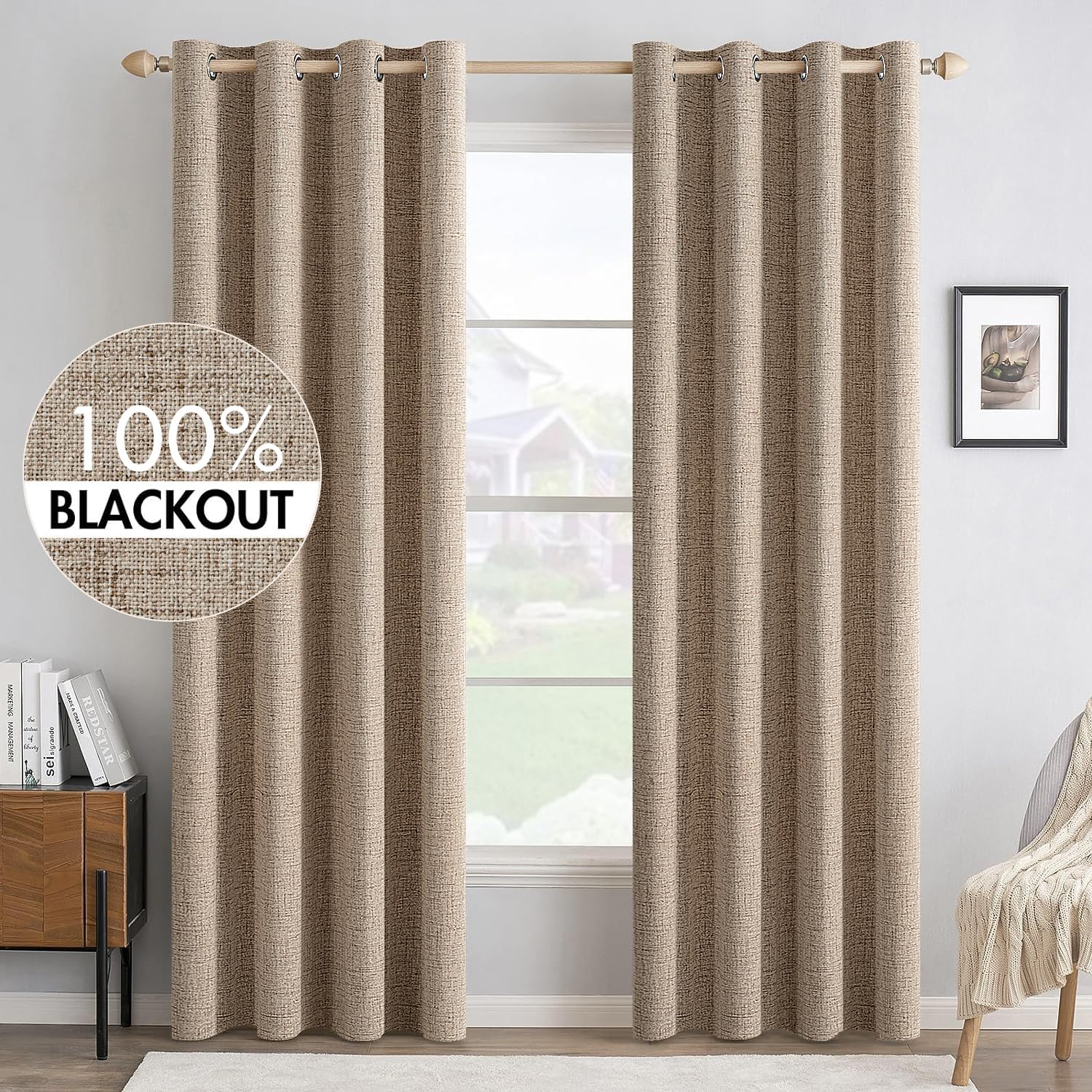 MIULEE 90 Inches Linen Textured Curtains for Bedroom 100% Blackout Thermal Insulated Natural Beige Grommet Room Darkening Curtains & Drapes Luxury Decor for Living Room Nursery 52 x 90 Inch (2 Panels)