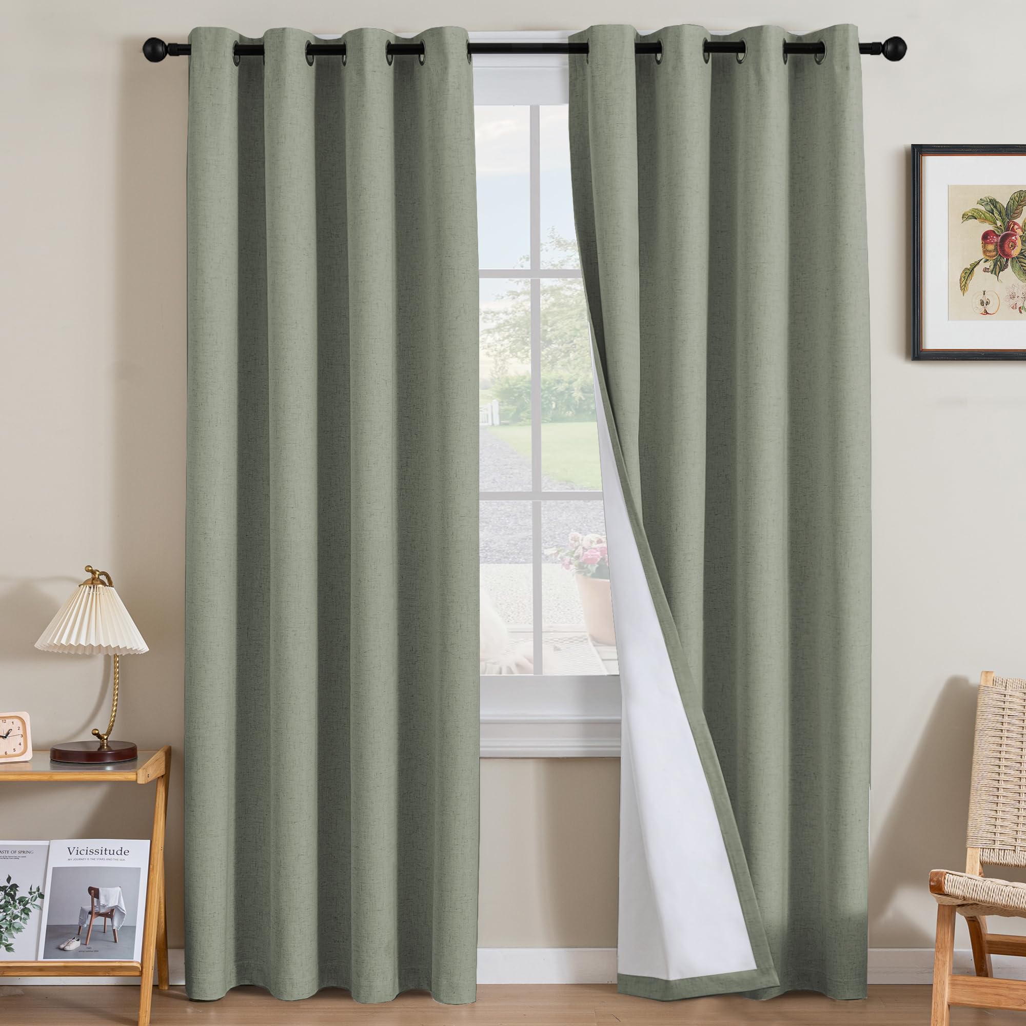 H.VERSAILTEX Linen 100% Blackout Curtains for Bedroom Full Light Blocking Curtains, Textured Window Curtain for Living Room 84 inch Grommet, Energy Efficient Curtains White Liner(2 Panels, Natural)
