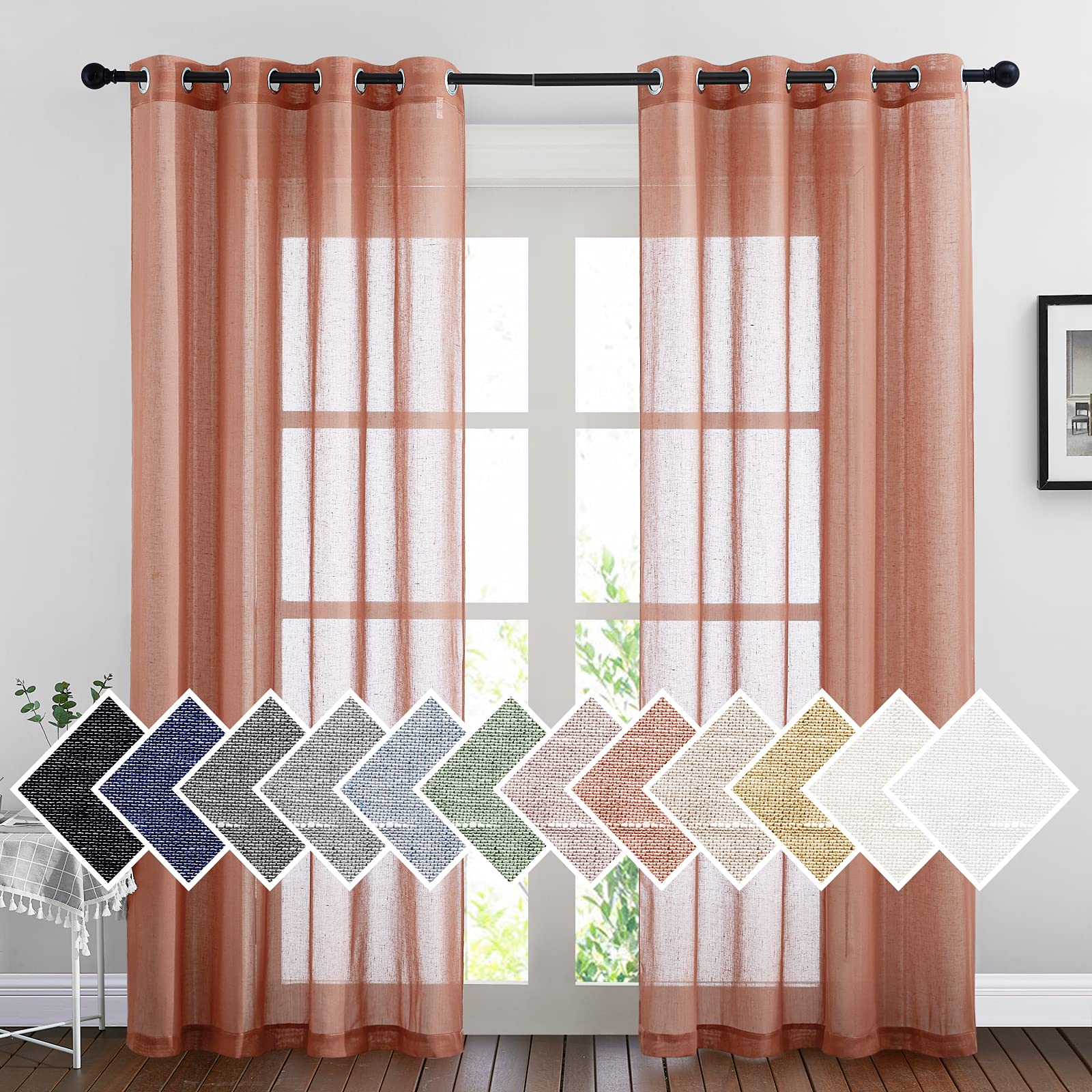 NICETOWN Semi Sheer Beige Curtains 84 inches Long, Grommet Retro Linen Curtains Window Treatments Vertical Drapes Privacy with Light Filter for Living Room, W52 x L84, 2 Panels