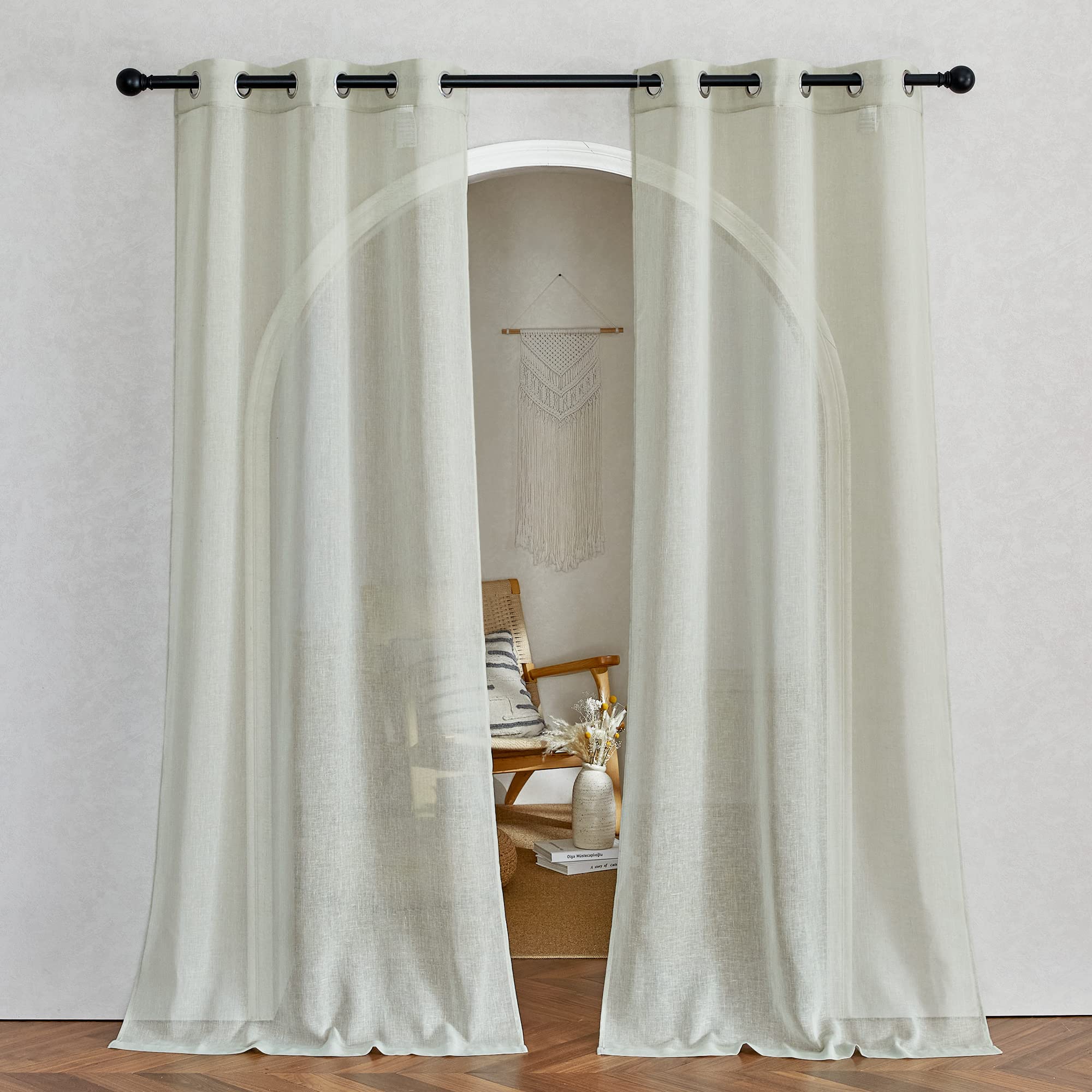 NICETOWN Semi Sheer Beige Curtains 84 inches Long, Grommet Retro Linen Curtains Window Treatments Vertical Drapes Privacy with Light Filter for Living Room, W52 x L84, 2 Panels