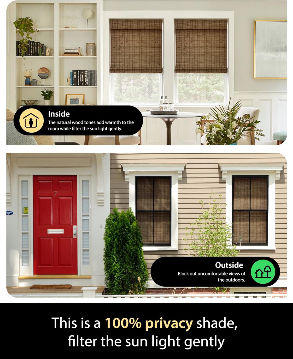 UNISHADES Cordless Bamboo Roman Shades for Windows, Blinds Size (30.5" W ×48" H) Colour (Highfield Teak)
