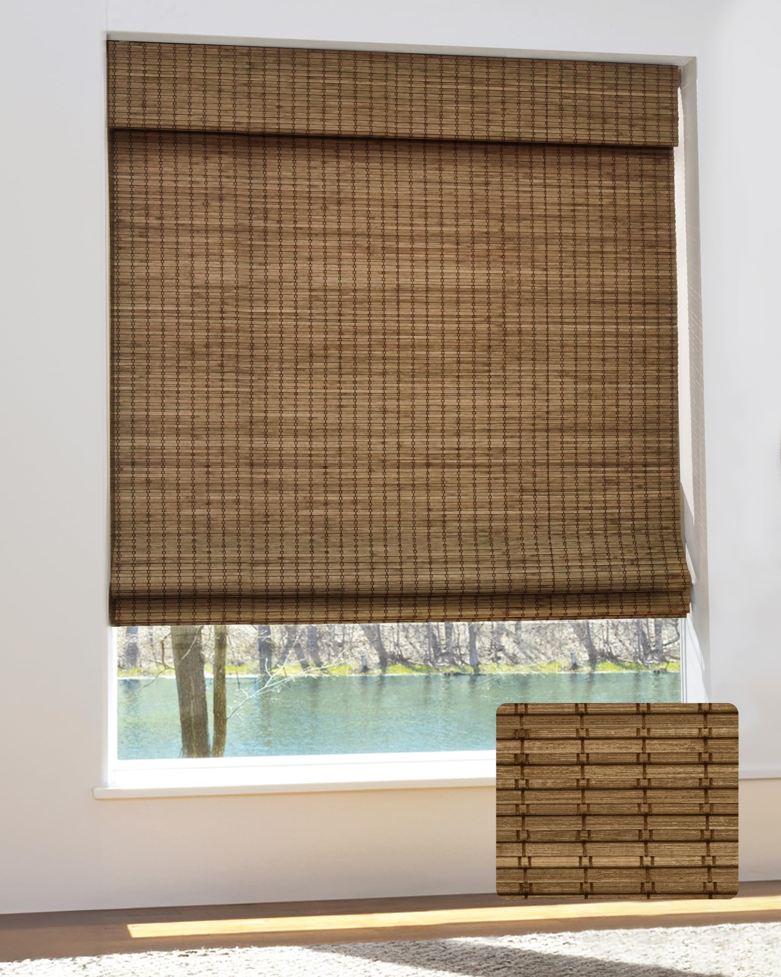 UNISHADES Cordless Bamboo Roman Shades for Windows, Blinds Size (30.5" W ×48" H) Colour (Highfield Teak)