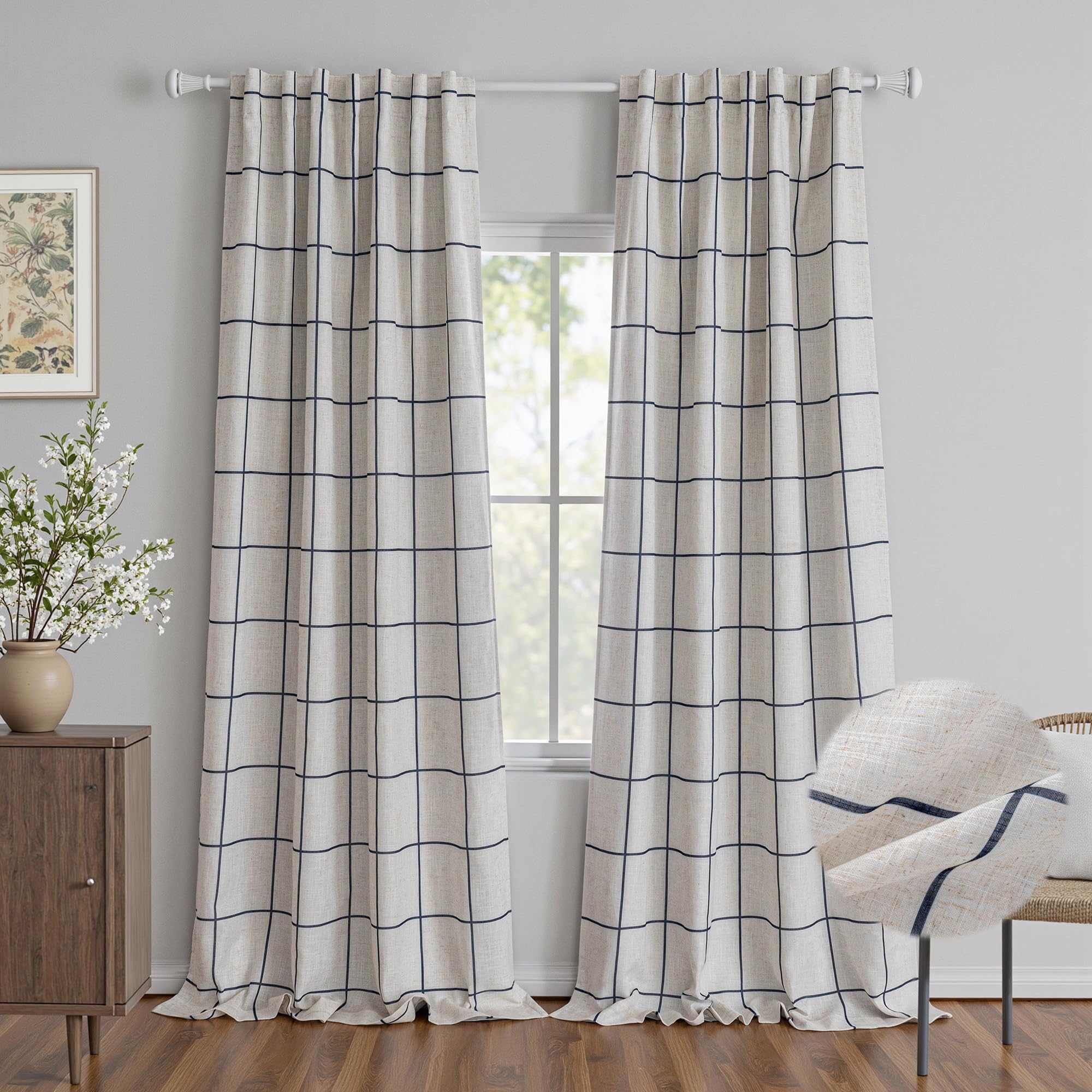 MYSKY HOME 100% Blackout Plaid Farmhouse Linen Curtains 84 Inch Long for Living Room Double Layer Windowpane Drapes Thermal Insulated Privacy Protection Rod Pocket Back Tab, 52" W, Black, 1 Panel