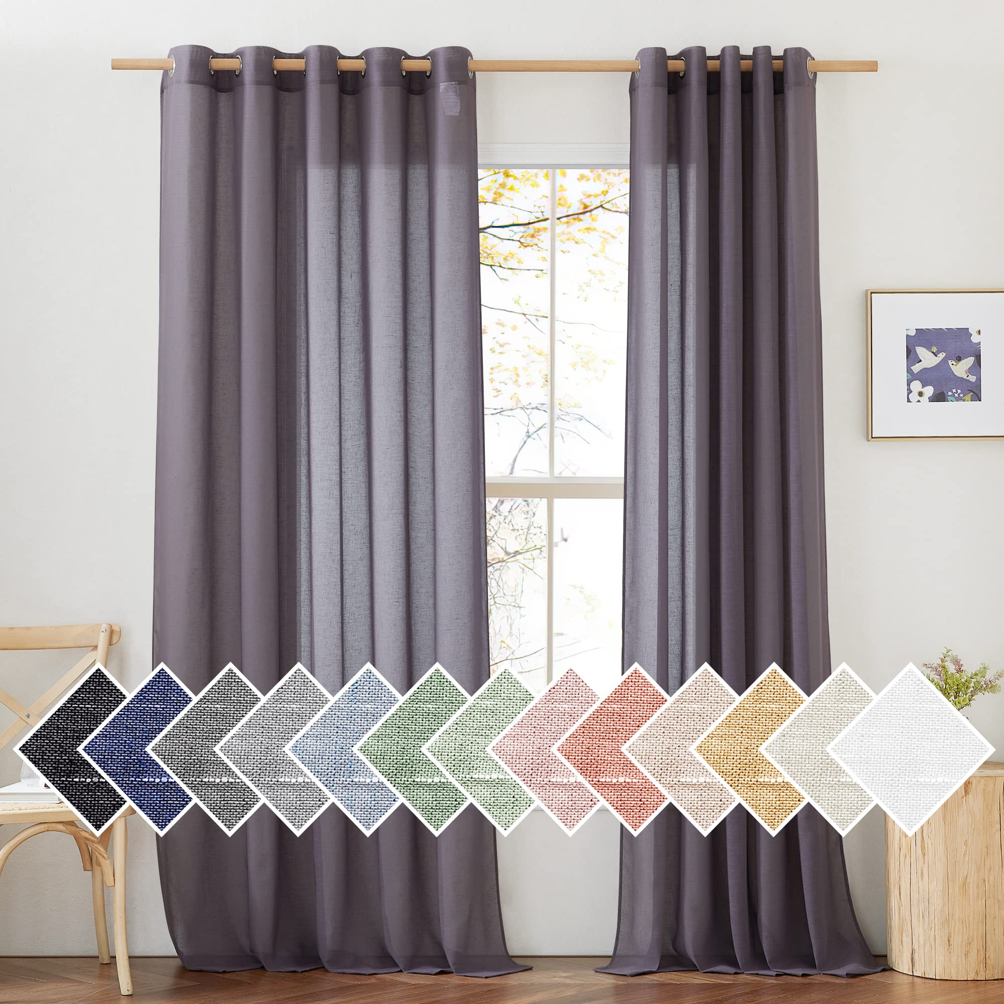 NICETOWN Semi Sheer Beige Curtains 84 inches Long, Grommet Retro Linen Curtains Window Treatments Vertical Drapes Privacy with Light Filter for Living Room, W52 x L84, 2 Panels