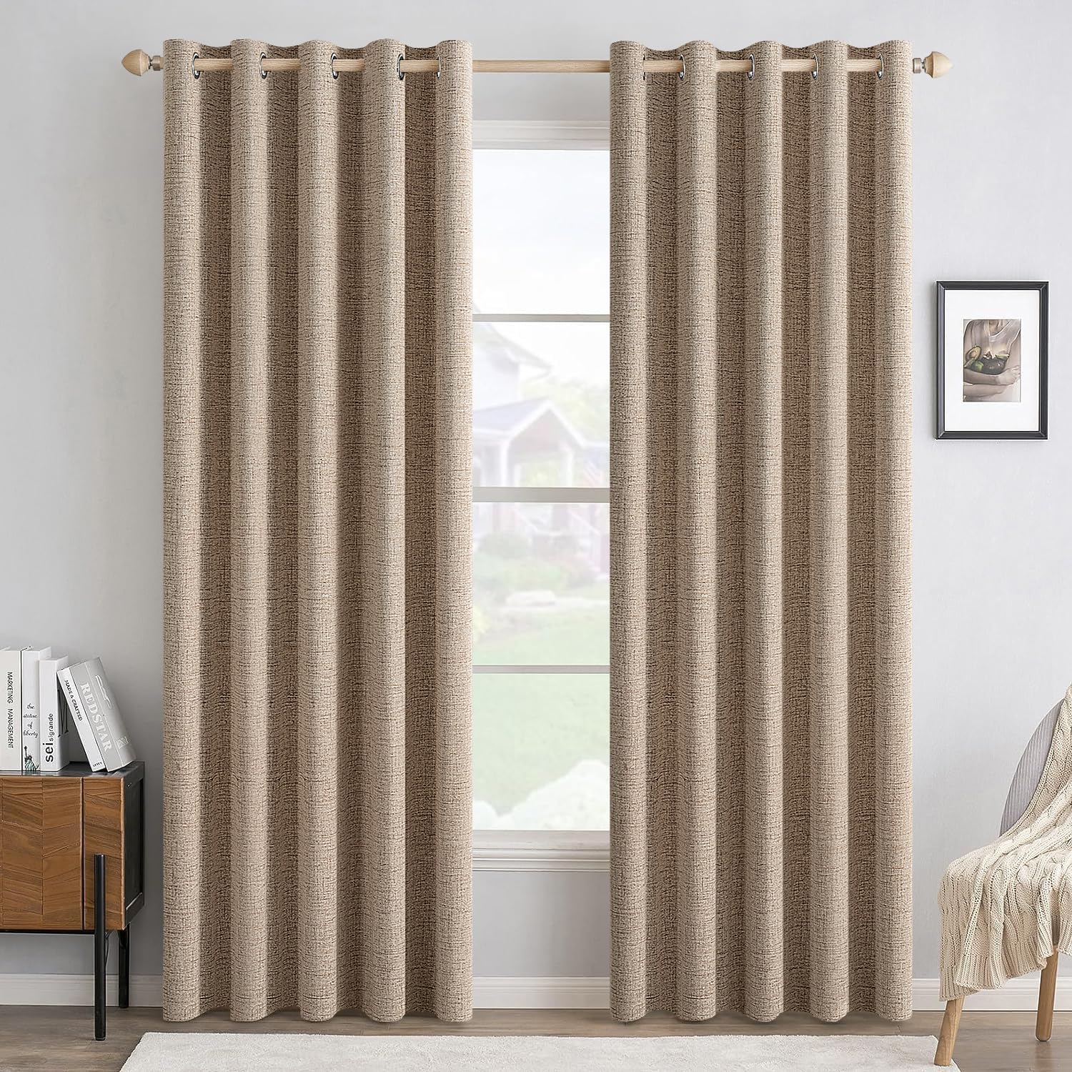MIULEE 90 Inches Linen Textured Curtains for Bedroom 100% Blackout Thermal Insulated Natural Beige Grommet Room Darkening Curtains & Drapes Luxury Decor for Living Room Nursery 52 x 90 Inch (2 Panels)