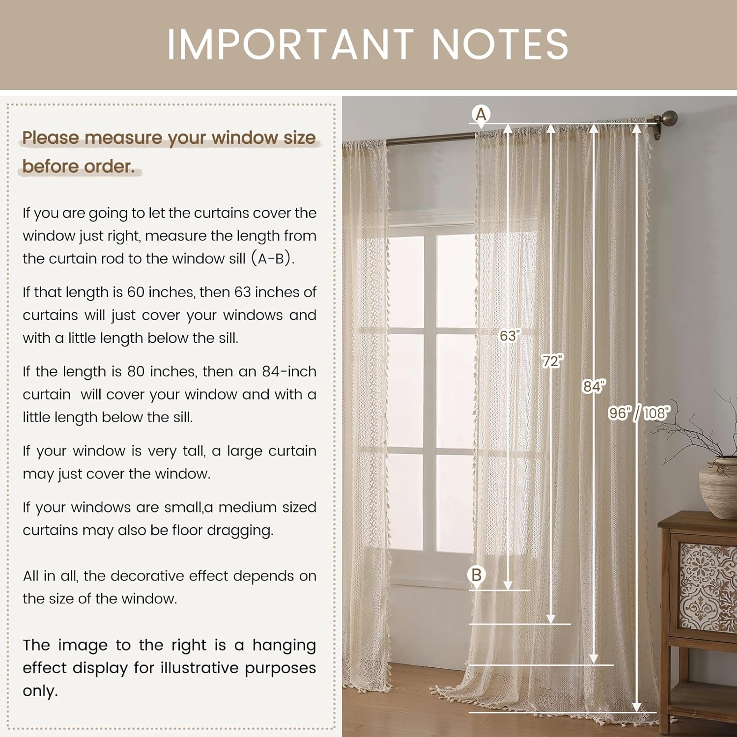 WAZZIO Boho Crochet Curtains for Living Room Lace Curtains 84 Inches Long 2 Panel, Rod Pocket Vintage Tassel Bohemian Decor Geometry Striped Light Filtering Semi Sheer Curtain Drapes for Bedroom,Beige