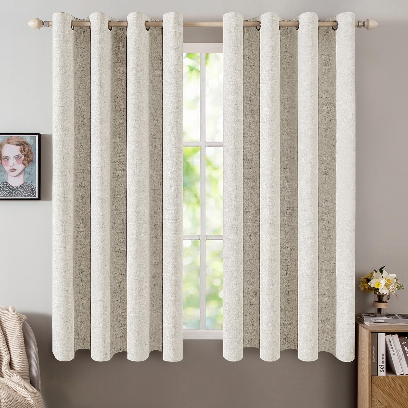 MIULEE 90 Inches Linen Textured Curtains for Bedroom 100% Blackout Thermal Insulated Natural Beige Grommet Room Darkening Curtains & Drapes Luxury Decor for Living Room Nursery 52 x 90 Inch (2 Panels)