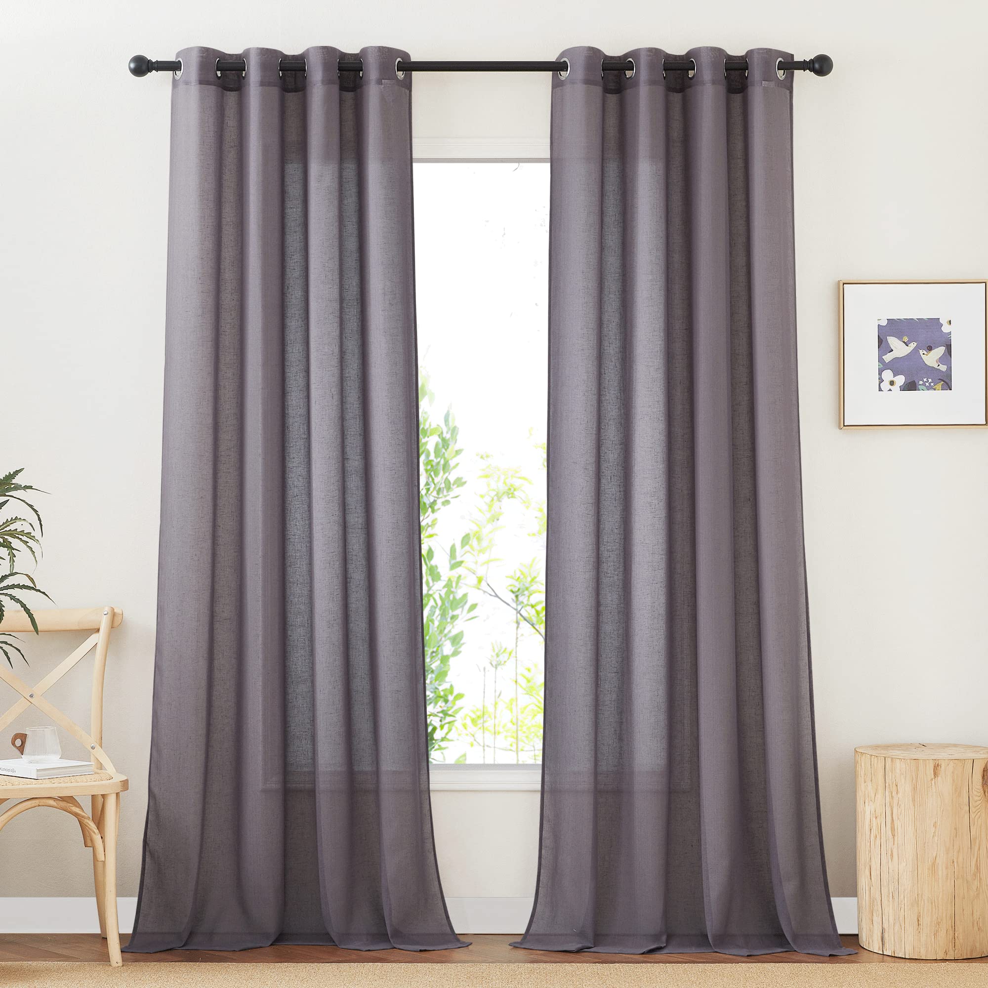 NICETOWN Semi Sheer Beige Curtains 84 inches Long, Grommet Retro Linen Curtains Window Treatments Vertical Drapes Privacy with Light Filter for Living Room, W52 x L84, 2 Panels