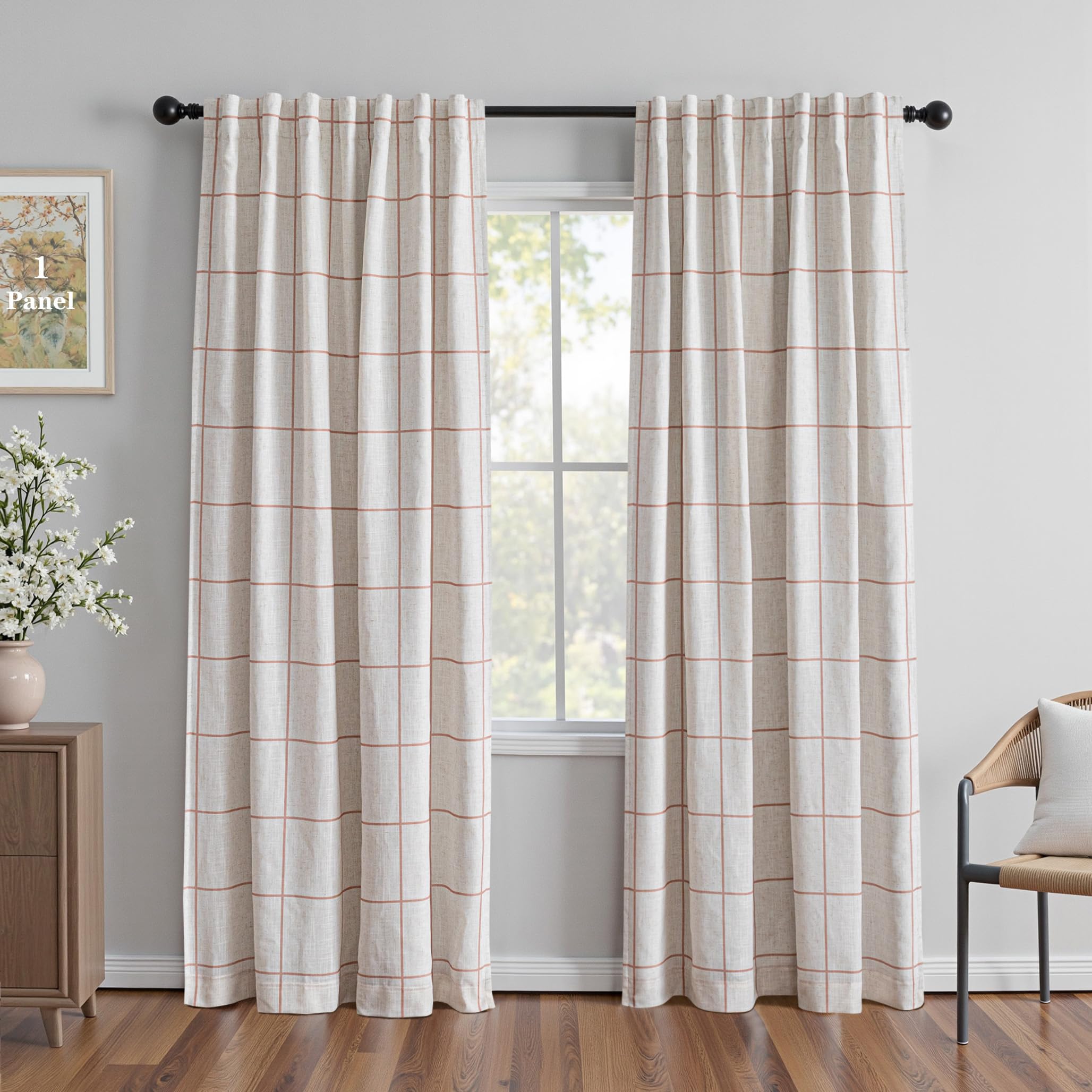 MYSKY HOME 100% Blackout Plaid Farmhouse Linen Curtains 84 Inch Long for Living Room Double Layer Windowpane Drapes Thermal Insulated Privacy Protection Rod Pocket Back Tab, 52" W, Black, 1 Panel
