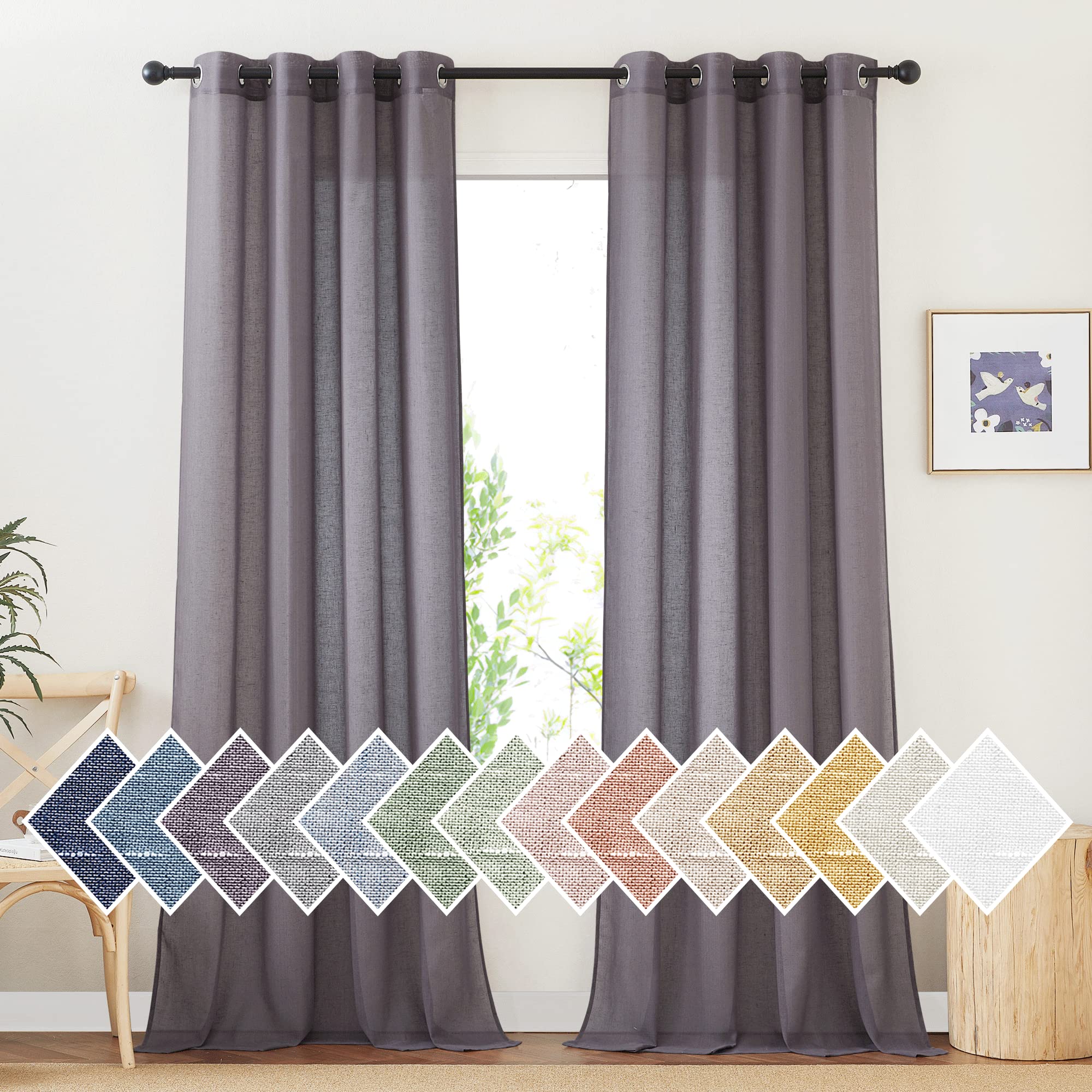 NICETOWN Semi Sheer Beige Curtains 84 inches Long, Grommet Retro Linen Curtains Window Treatments Vertical Drapes Privacy with Light Filter for Living Room, W52 x L84, 2 Panels