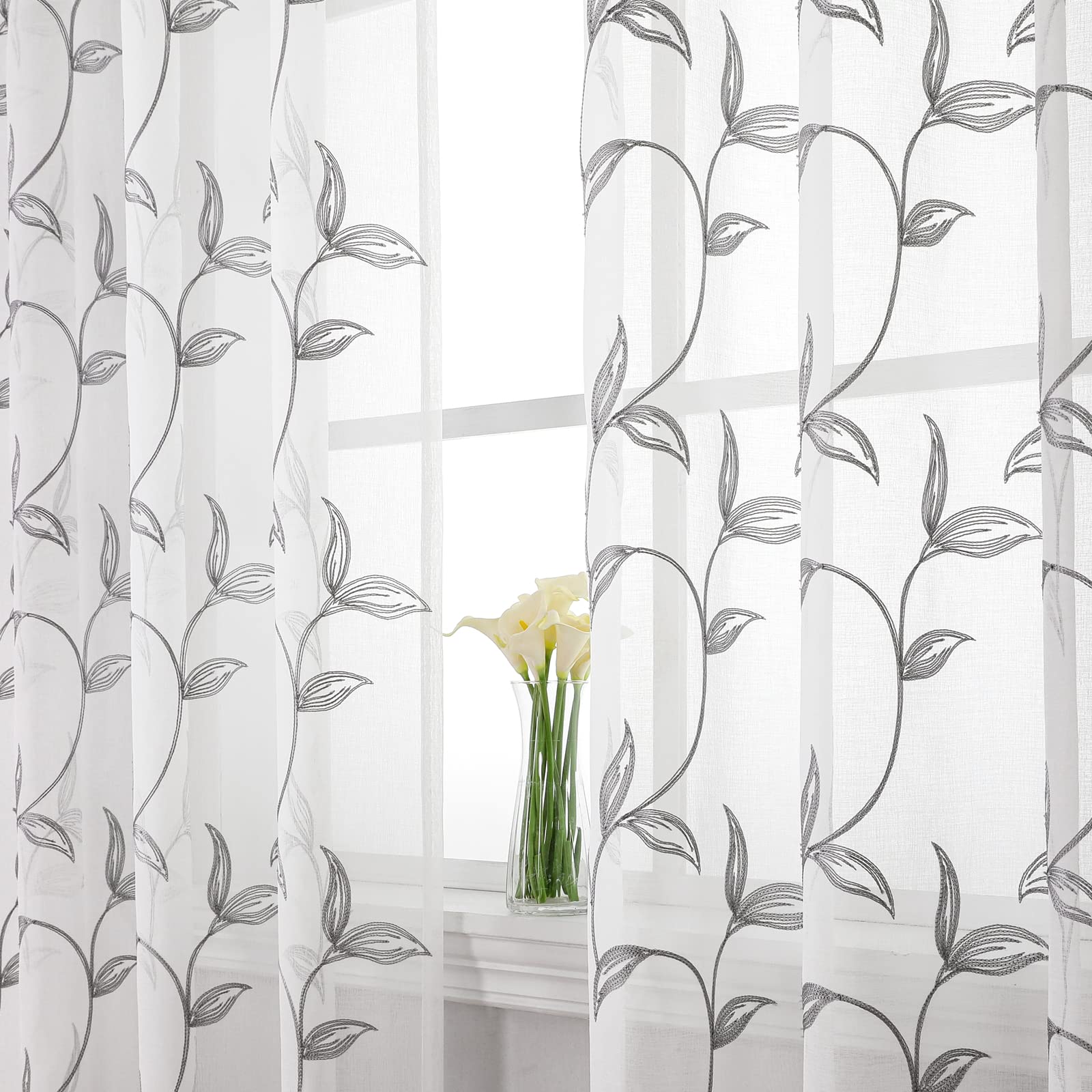 VISIONTEX Sheer Curtains 84 Inches Long 2 Panels Set Cream Beige Embroidered Floral Leaf Pattern Rod Pocket Semi Sheer Voile Window Curtains/Drapes for Bedroom Living Room 54 x 84 Inches