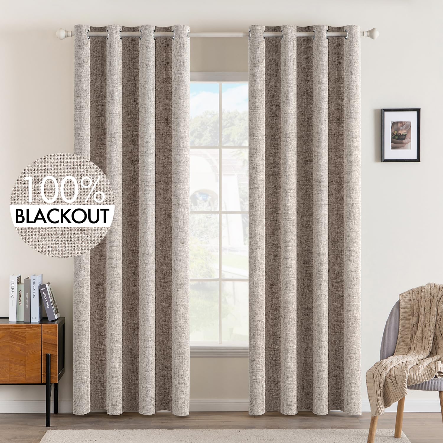 MIULEE 90 Inches Linen Textured Curtains for Bedroom 100% Blackout Thermal Insulated Natural Beige Grommet Room Darkening Curtains & Drapes Luxury Decor for Living Room Nursery 52 x 90 Inch (2 Panels)