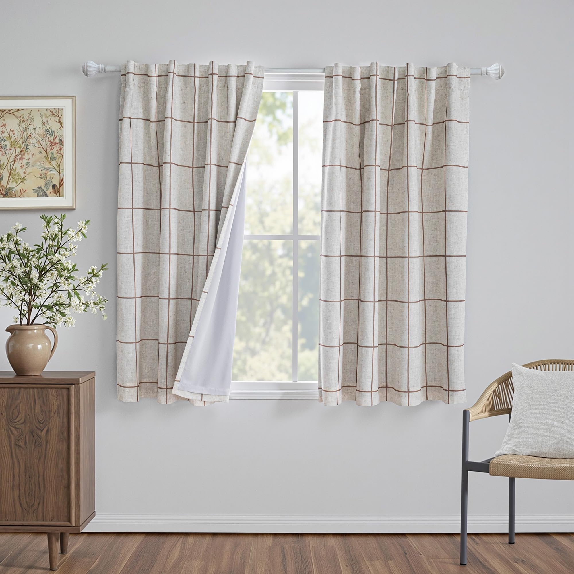 MYSKY HOME 100% Blackout Plaid Farmhouse Linen Curtains 84 Inch Long for Living Room Double Layer Windowpane Drapes Thermal Insulated Privacy Protection Rod Pocket Back Tab, 52" W, Black, 1 Panel