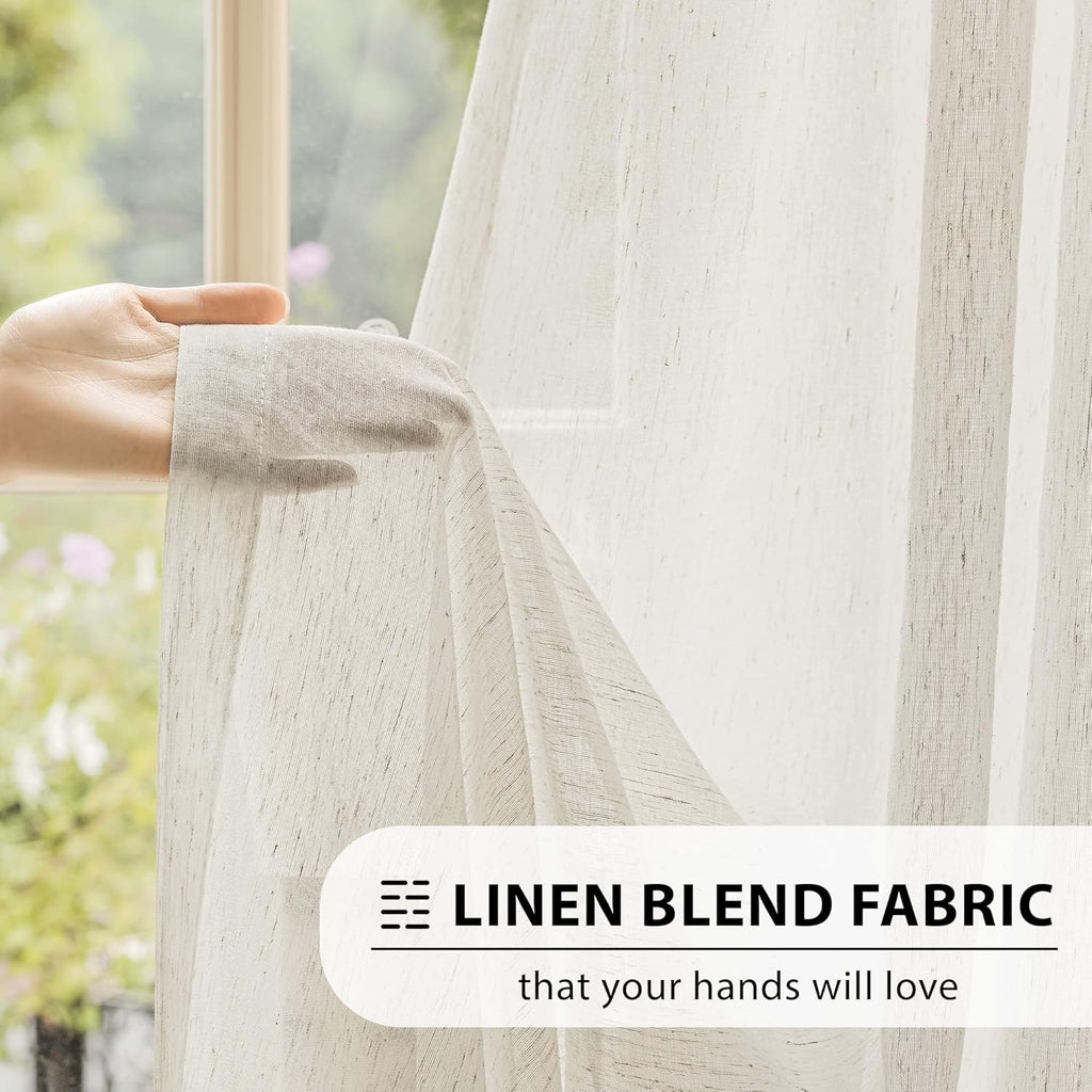 FMFUNCTEX Linen Sheer Curtains for Bedroom, Beige Curtains 84 inches Long for Living Room, Natural Flax Blend Window Draperies for Farmhouse Curtain, Rod Pocket 2 Panels