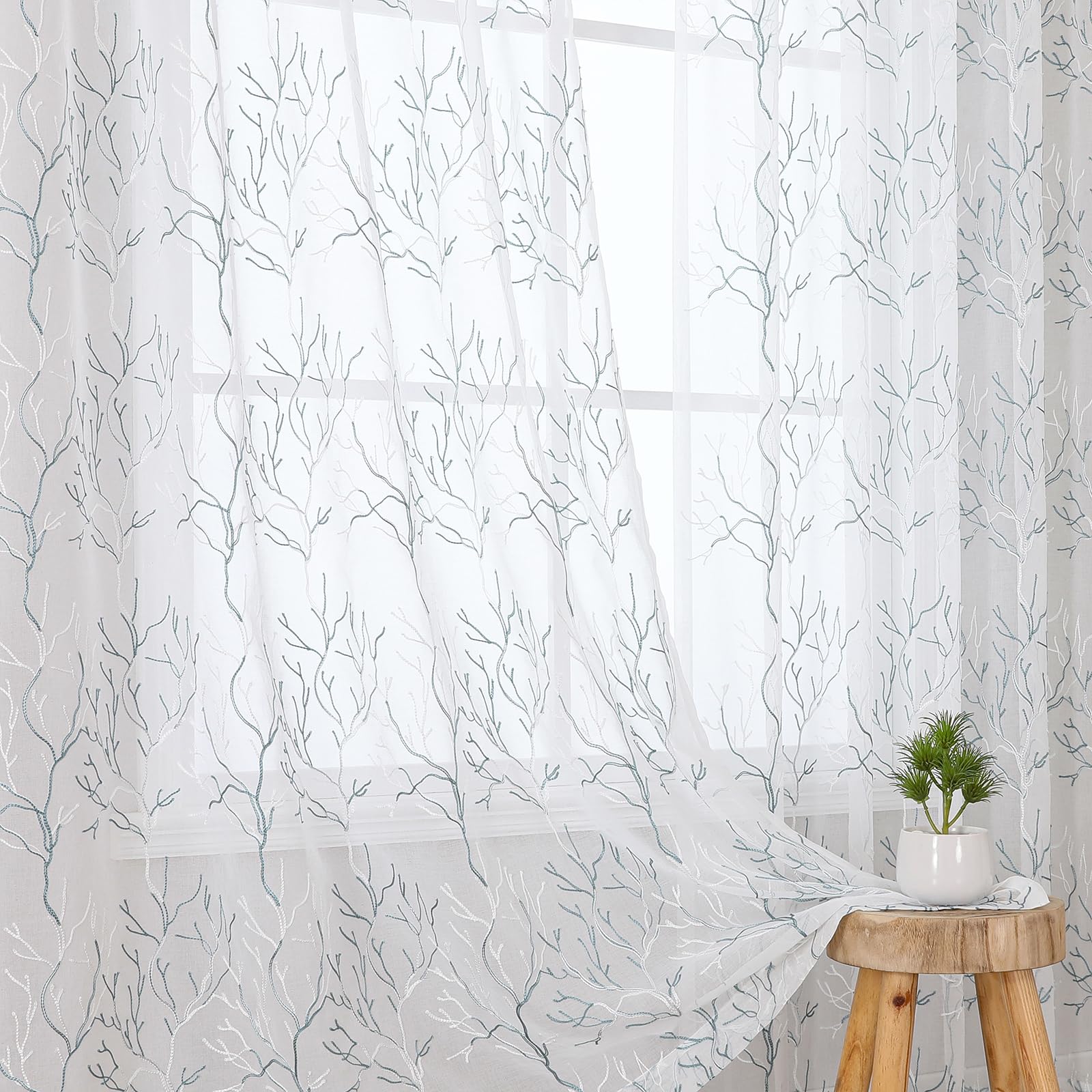 VISIONTEX Sheer Curtains 84 Inches Long 2 Panels Set Cream Beige Embroidered Floral Leaf Pattern Rod Pocket Semi Sheer Voile Window Curtains/Drapes for Bedroom Living Room 54 x 84 Inches
