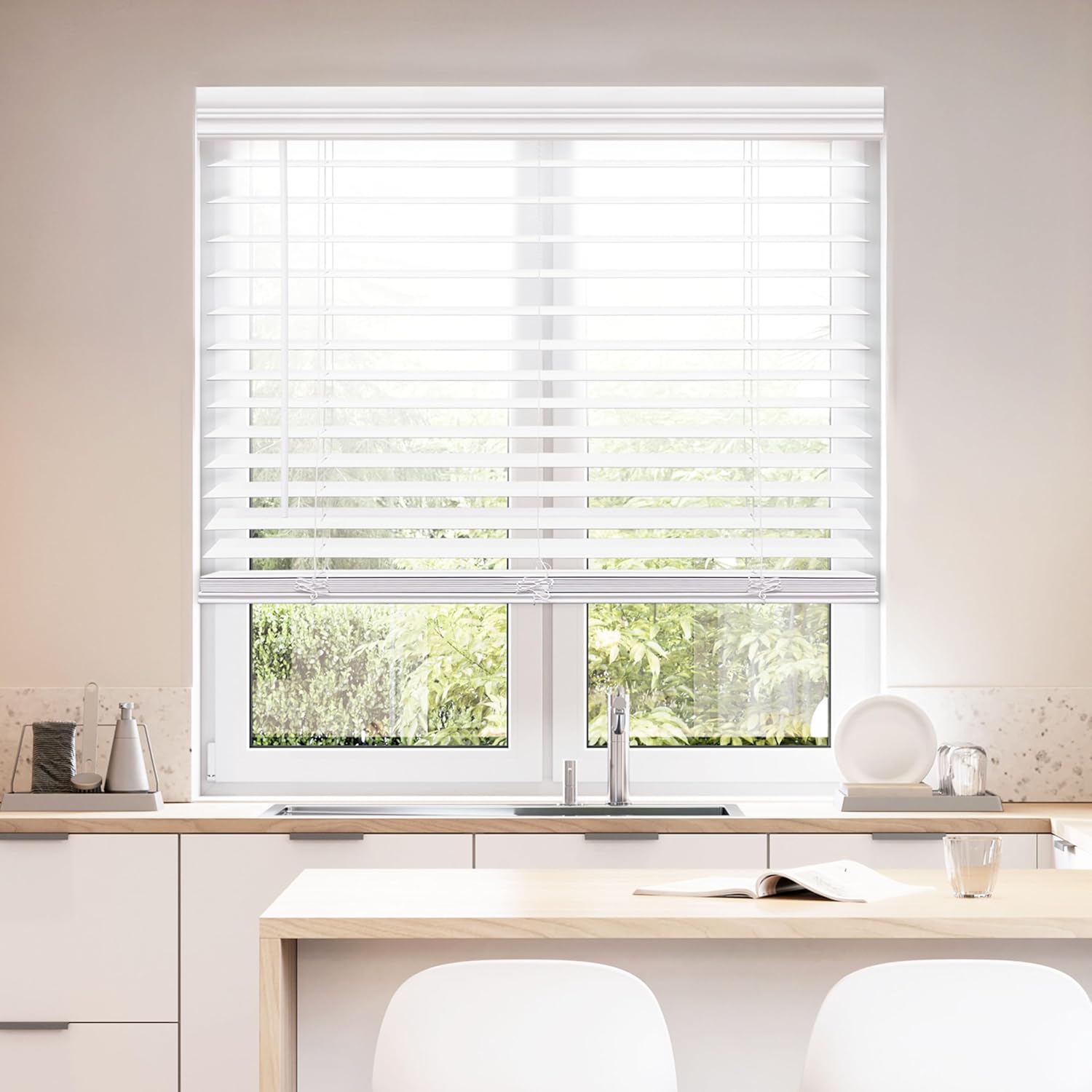 DEZ FURNISHINGS Cordless 2" Faux Wood Blind, 32" W x 48" H, White