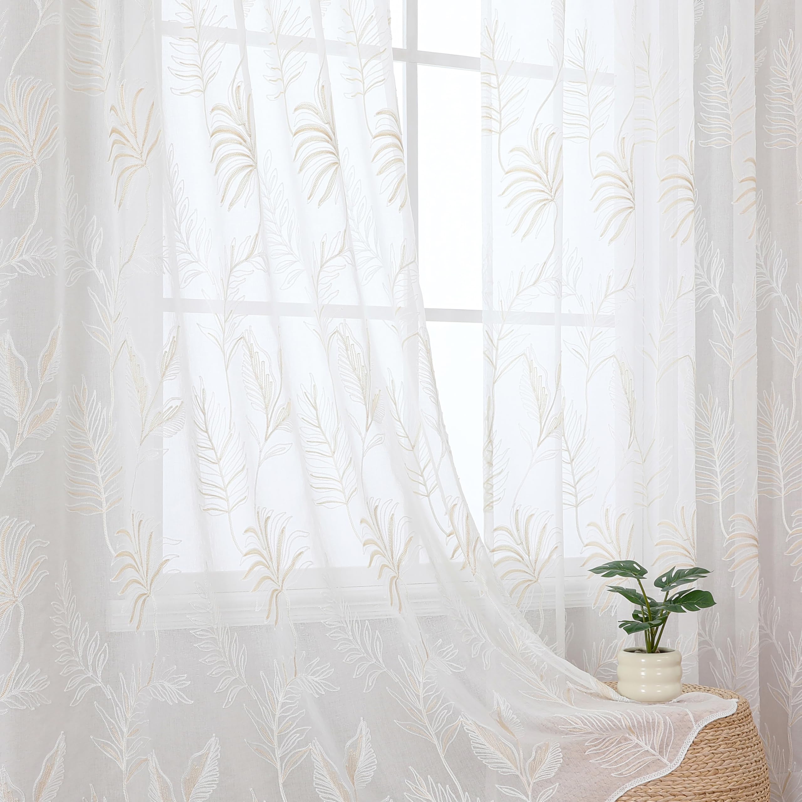 VISIONTEX Sheer Curtains 84 Inches Long 2 Panels Set Cream Beige Embroidered Floral Leaf Pattern Rod Pocket Semi Sheer Voile Window Curtains/Drapes for Bedroom Living Room 54 x 84 Inches