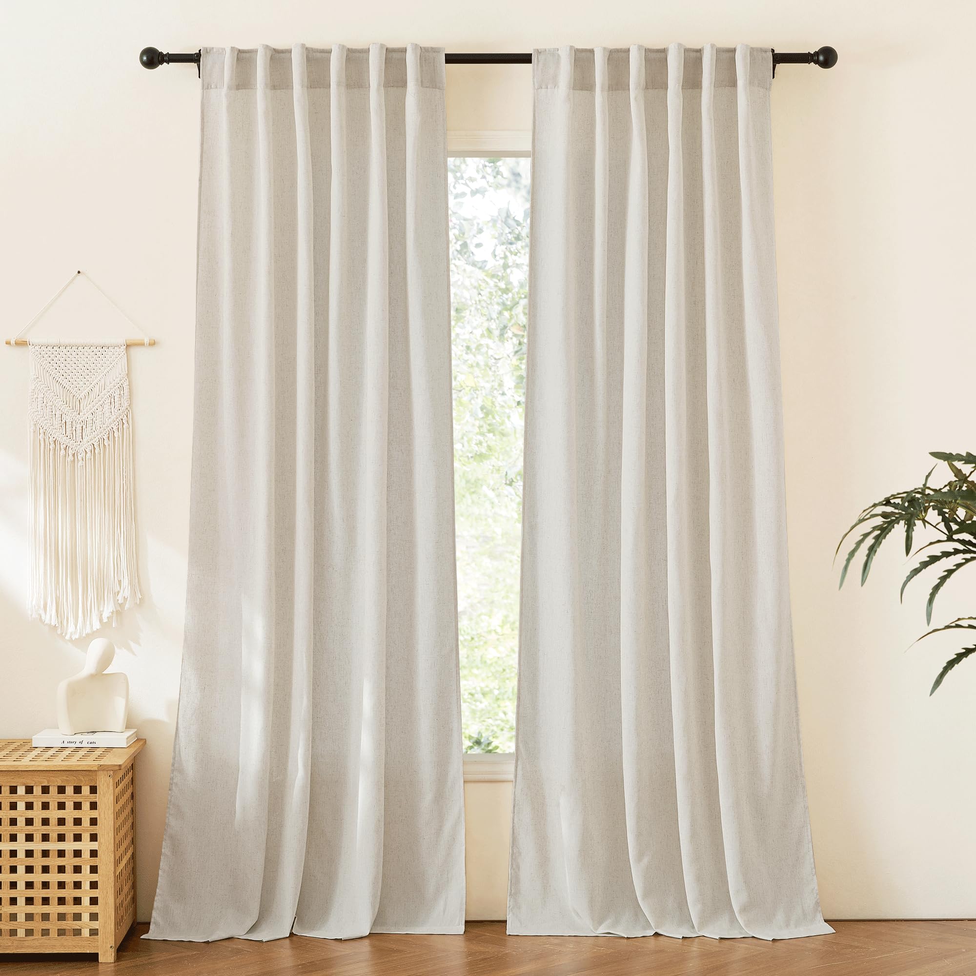 RYB HOME White Sheer Curtains Linen Texture Window Panels, Semi Sheer Light Filetring Rod Pocket & Back Tab Drapes for Bedroom, 52 x 84 inches, Pack of 2