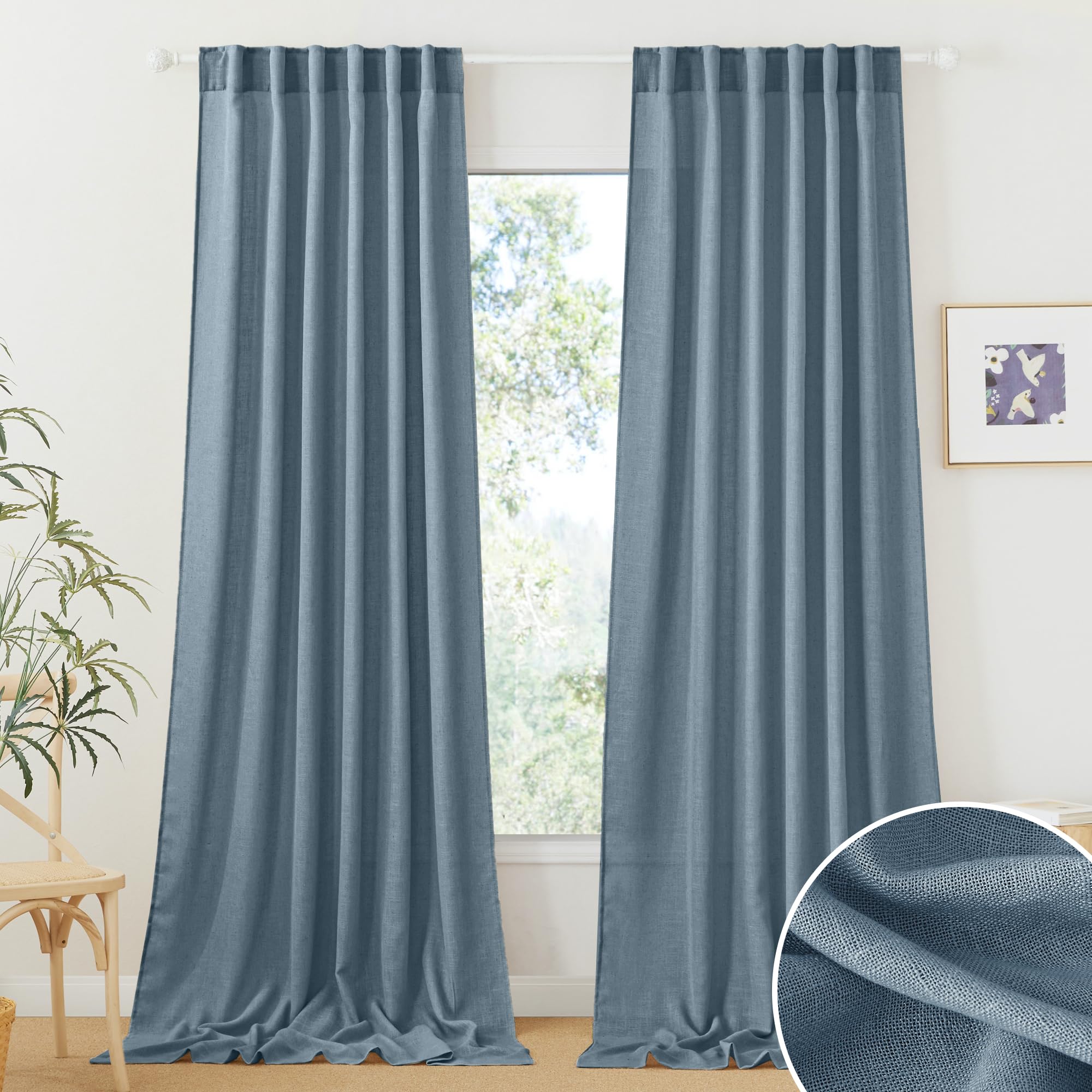 RYB HOME White Sheer Curtains Linen Texture Window Panels, Semi Sheer Light Filetring Rod Pocket & Back Tab Drapes for Bedroom, 52 x 84 inches, Pack of 2