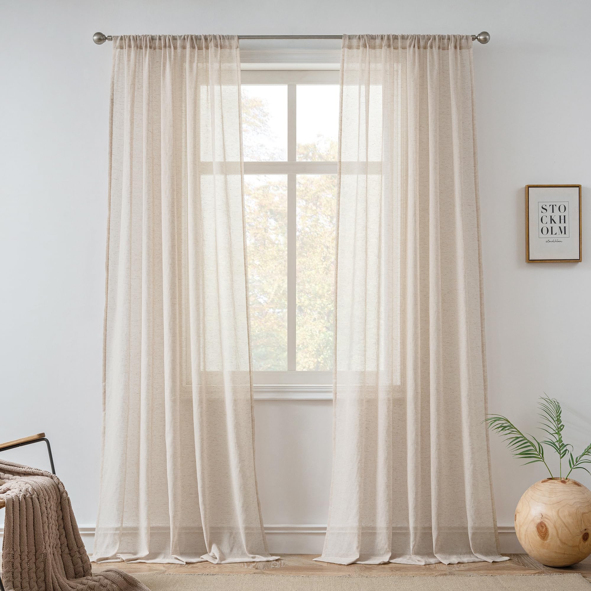 FMFUNCTEX Linen Sheer Curtains for Bedroom, Beige Curtains 84 inches Long for Living Room, Natural Flax Blend Window Draperies for Farmhouse Curtain, Rod Pocket 2 Panels