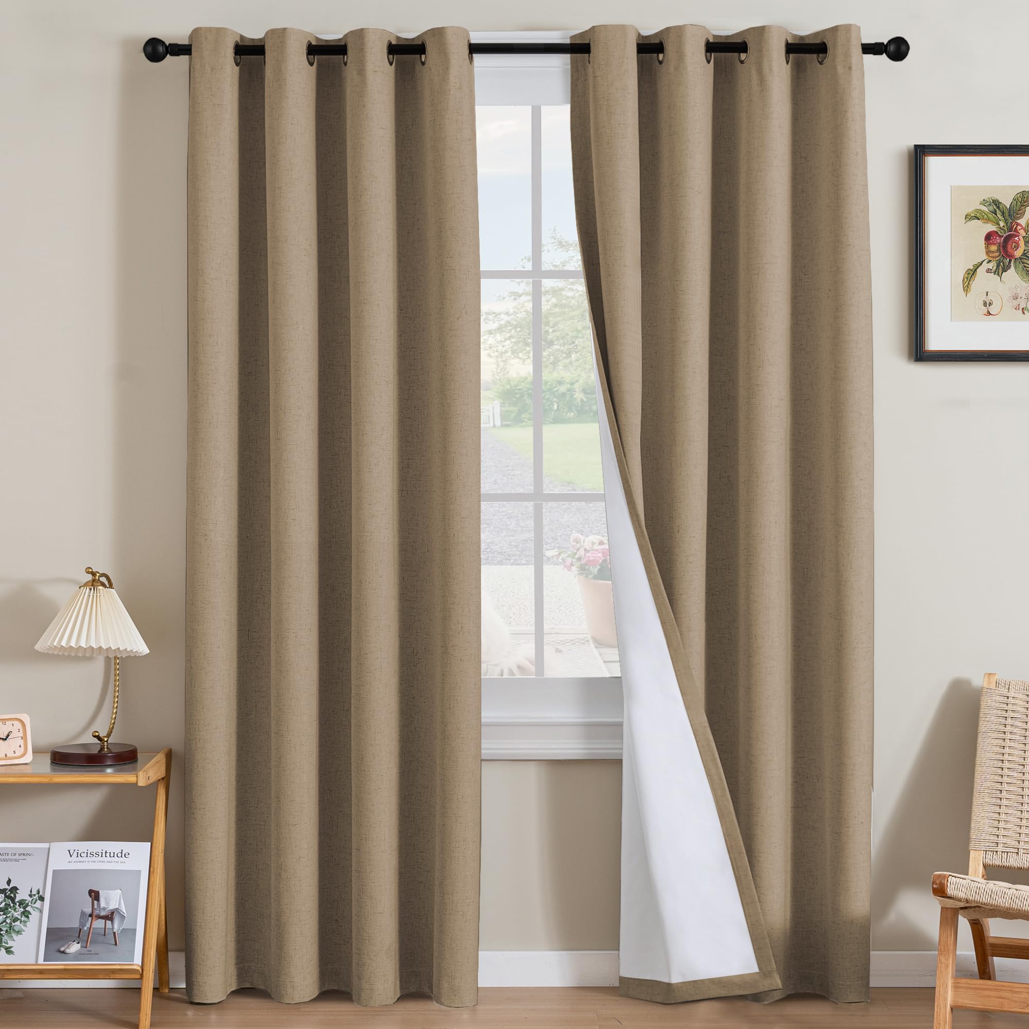 H.VERSAILTEX Linen 100% Blackout Curtains for Bedroom Full Light Blocking Curtains, Textured Window Curtain for Living Room 84 inch Grommet, Energy Efficient Curtains White Liner(2 Panels, Natural)