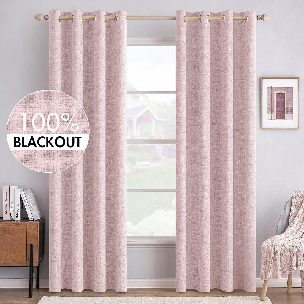 MIULEE 90 Inches Linen Textured Curtains for Bedroom 100% Blackout Thermal Insulated Natural Beige Grommet Room Darkening Curtains & Drapes Luxury Decor for Living Room Nursery 52 x 90 Inch (2 Panels)