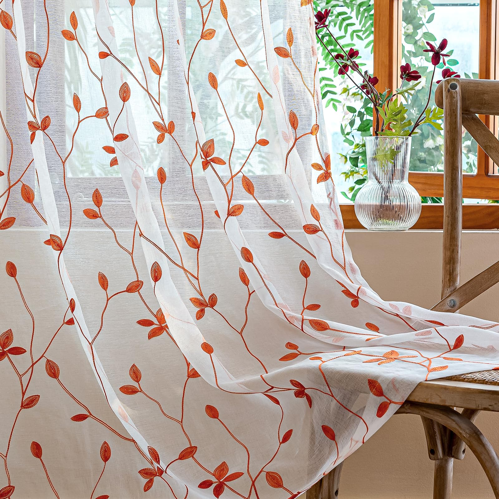 AmHoo 2 Panels Embroidered Leaf Pattern Semi Sheer Curtains Foliage Floral Voile Window Draperies Treatment for Bedroom Living Room Rod Pocket White Sage Green 53 x 84 Inch