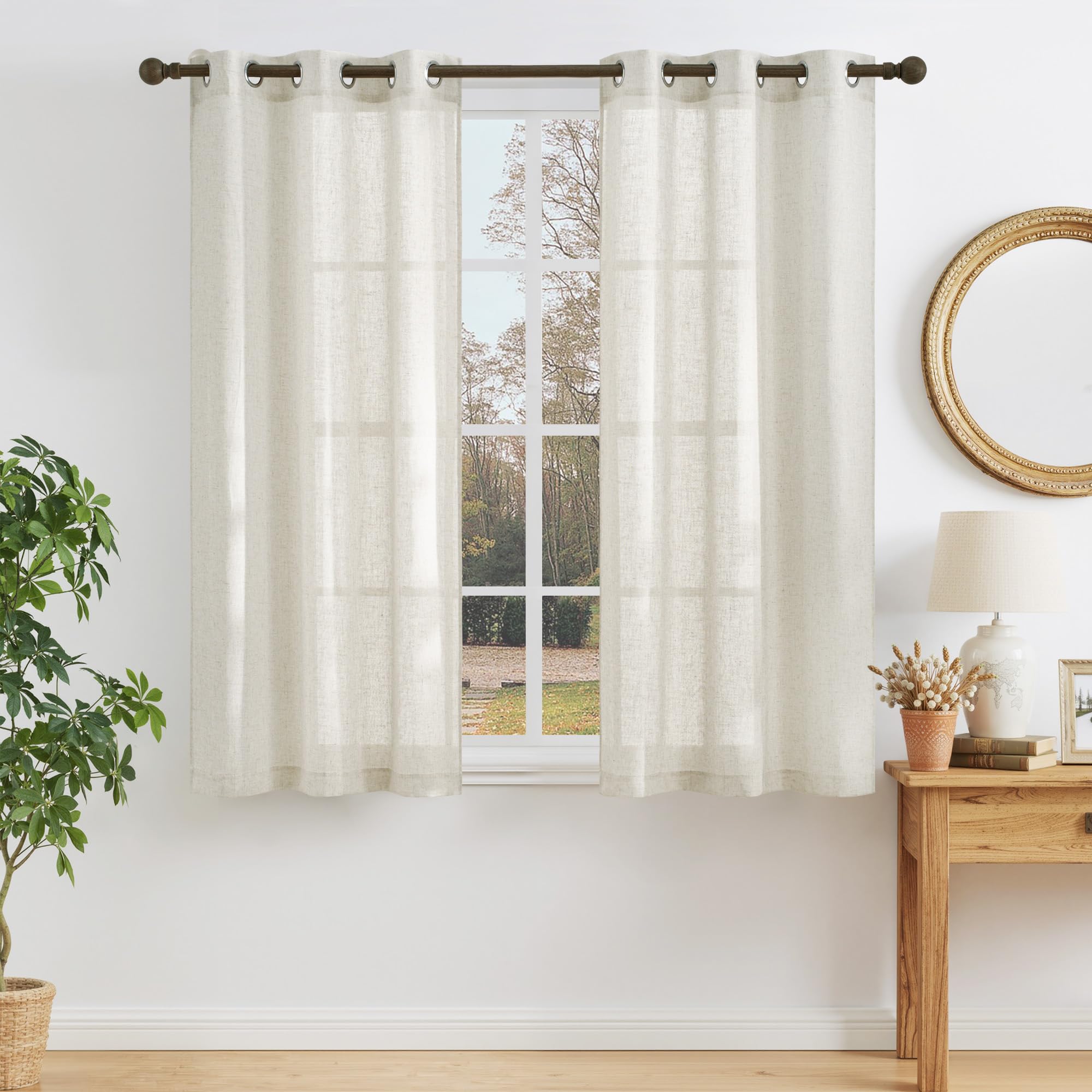 NICETOWN Semi Sheer Beige Curtains 84 inches Long, Grommet Retro Linen Curtains Window Treatments Vertical Drapes Privacy with Light Filter for Living Room, W52 x L84, 2 Panels
