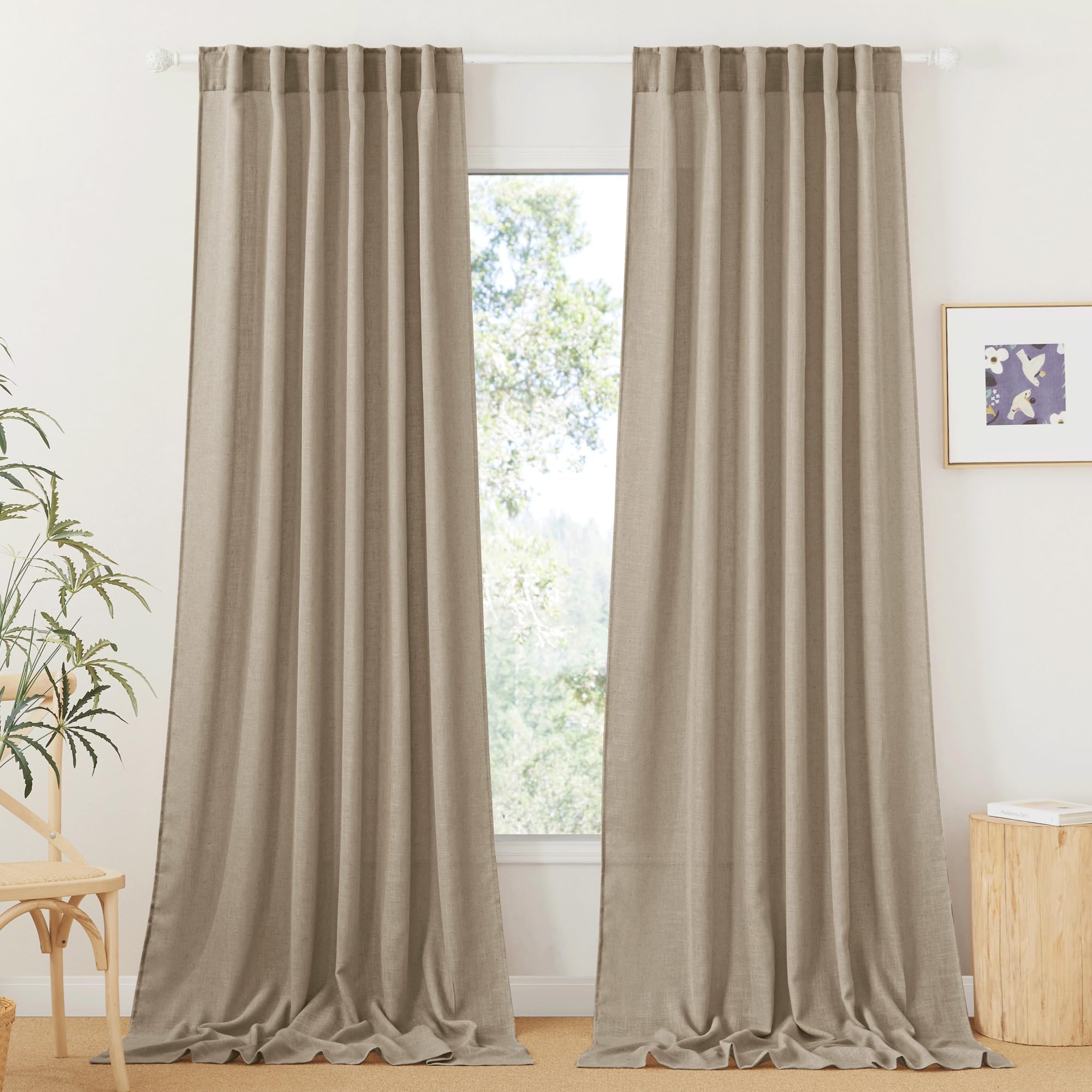 RYB HOME White Sheer Curtains Linen Texture Window Panels, Semi Sheer Light Filetring Rod Pocket & Back Tab Drapes for Bedroom, 52 x 84 inches, Pack of 2