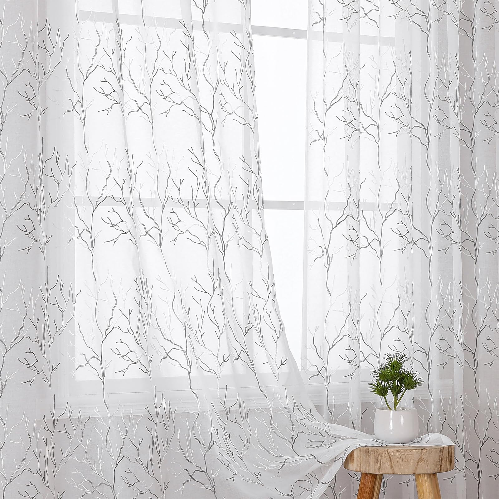 VISIONTEX Sheer Curtains 84 Inches Long 2 Panels Set Cream Beige Embroidered Floral Leaf Pattern Rod Pocket Semi Sheer Voile Window Curtains/Drapes for Bedroom Living Room 54 x 84 Inches
