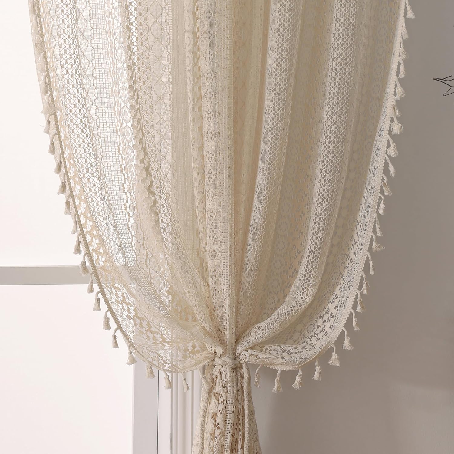 WAZZIO Boho Crochet Curtains for Living Room Lace Curtains 84 Inches Long 2 Panel, Rod Pocket Vintage Tassel Bohemian Decor Geometry Striped Light Filtering Semi Sheer Curtain Drapes for Bedroom,Beige