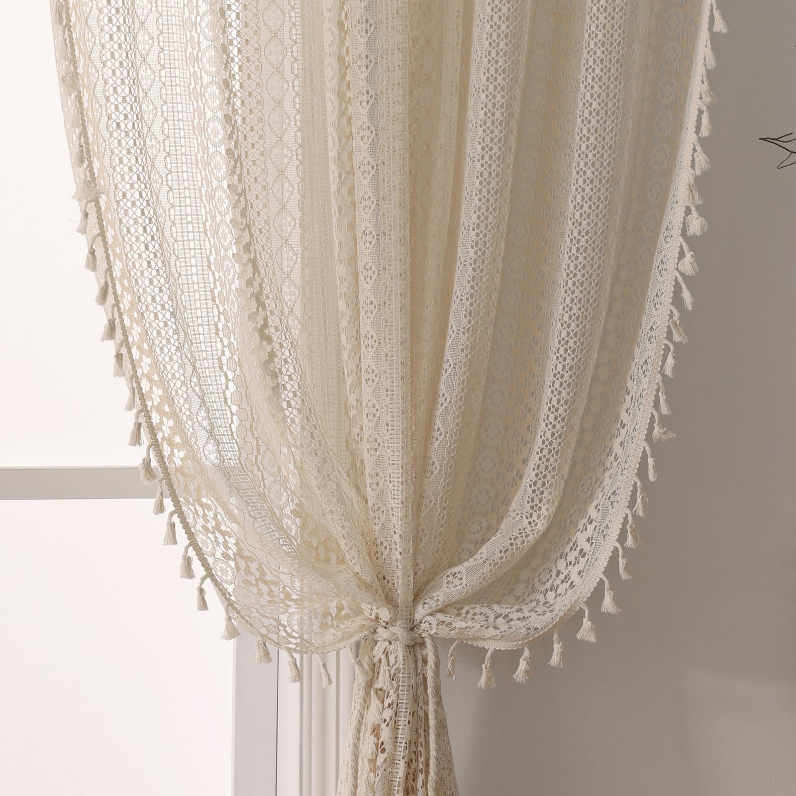WAZZIO Boho Crochet Curtains for Living Room Lace Curtains 84 Inches Long 2 Panel, Rod Pocket Vintage Tassel Bohemian Decor Geometry Striped Light Filtering Semi Sheer Curtain Drapes for Bedroom,Beige