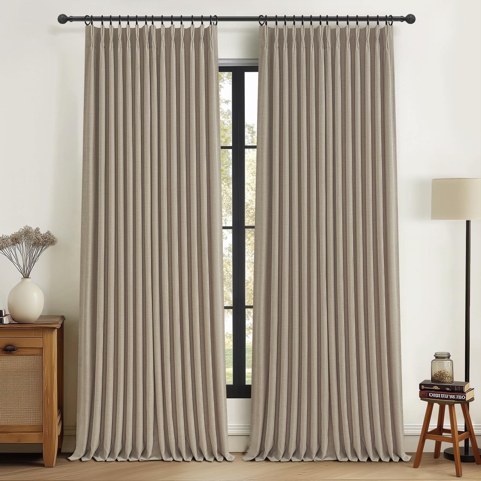 100% Blackout Linen 96 Inch Curtains 2 Panel Set for Bedroom, Modern Pinch Pleated Natural Linen Off Beige White Insulated Heavy Curtain 40 x 96 Inches Length Sliding Glass Door Room Darkening Drapes