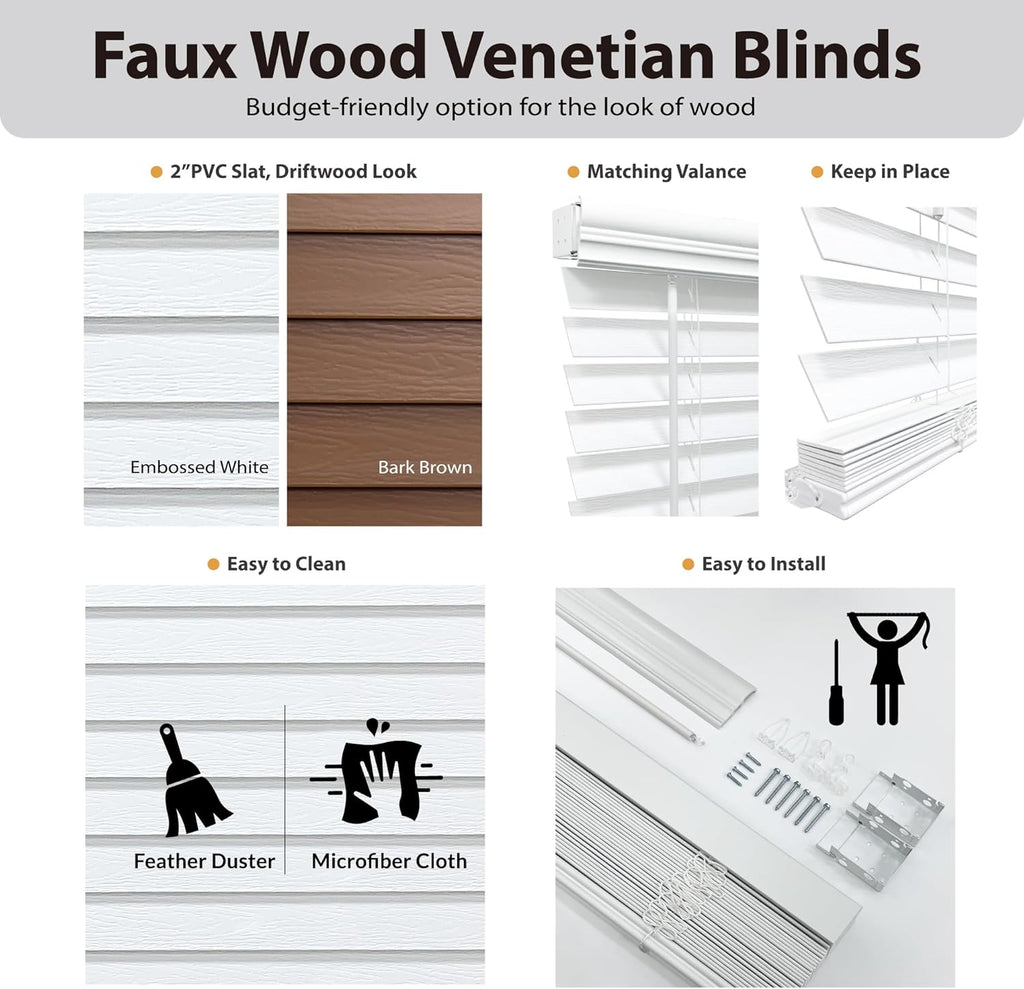 DEZ FURNISHINGS Cordless 2" Signature Faux Wood Blind, 46" W x 48" H, Embossed White