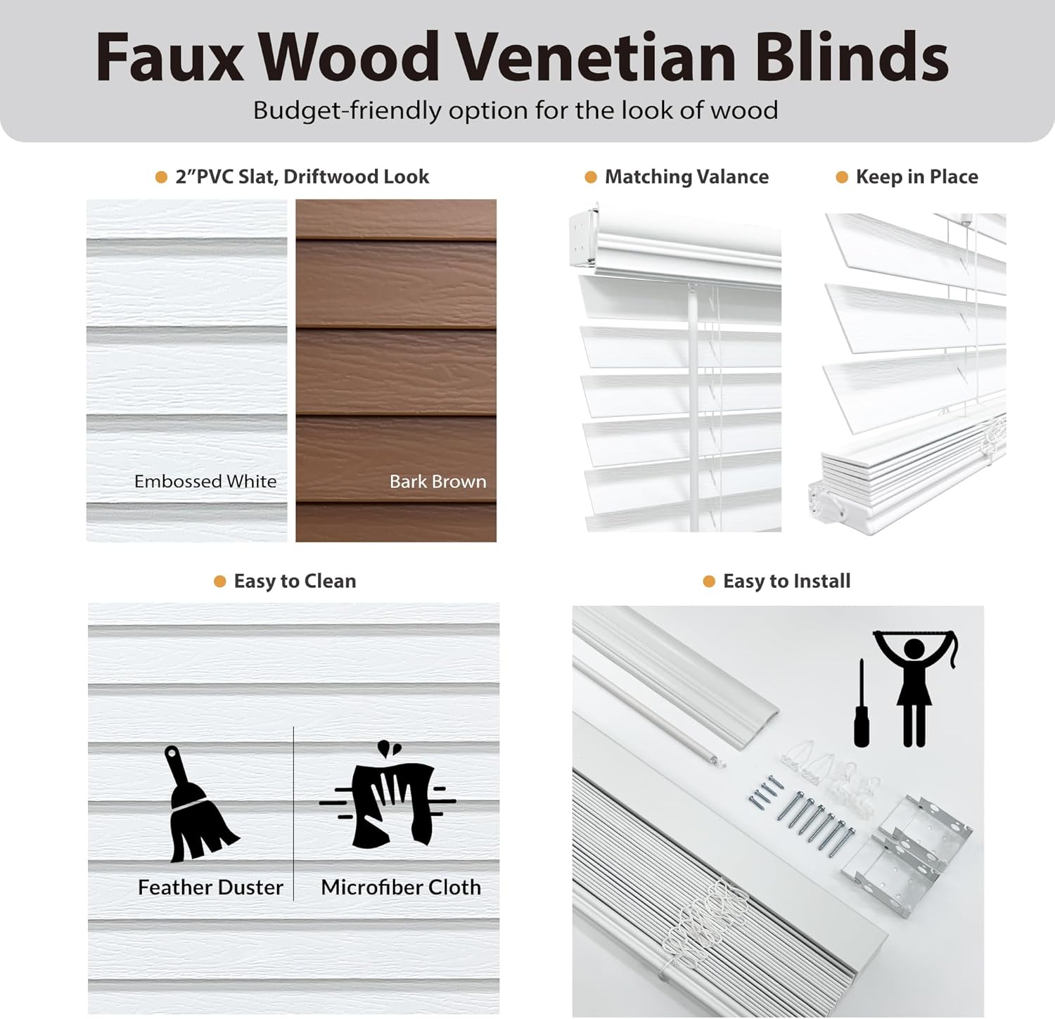 DEZ FURNISHINGS Cordless 2" Signature Faux Wood Blind, 46" W x 48" H, Embossed White