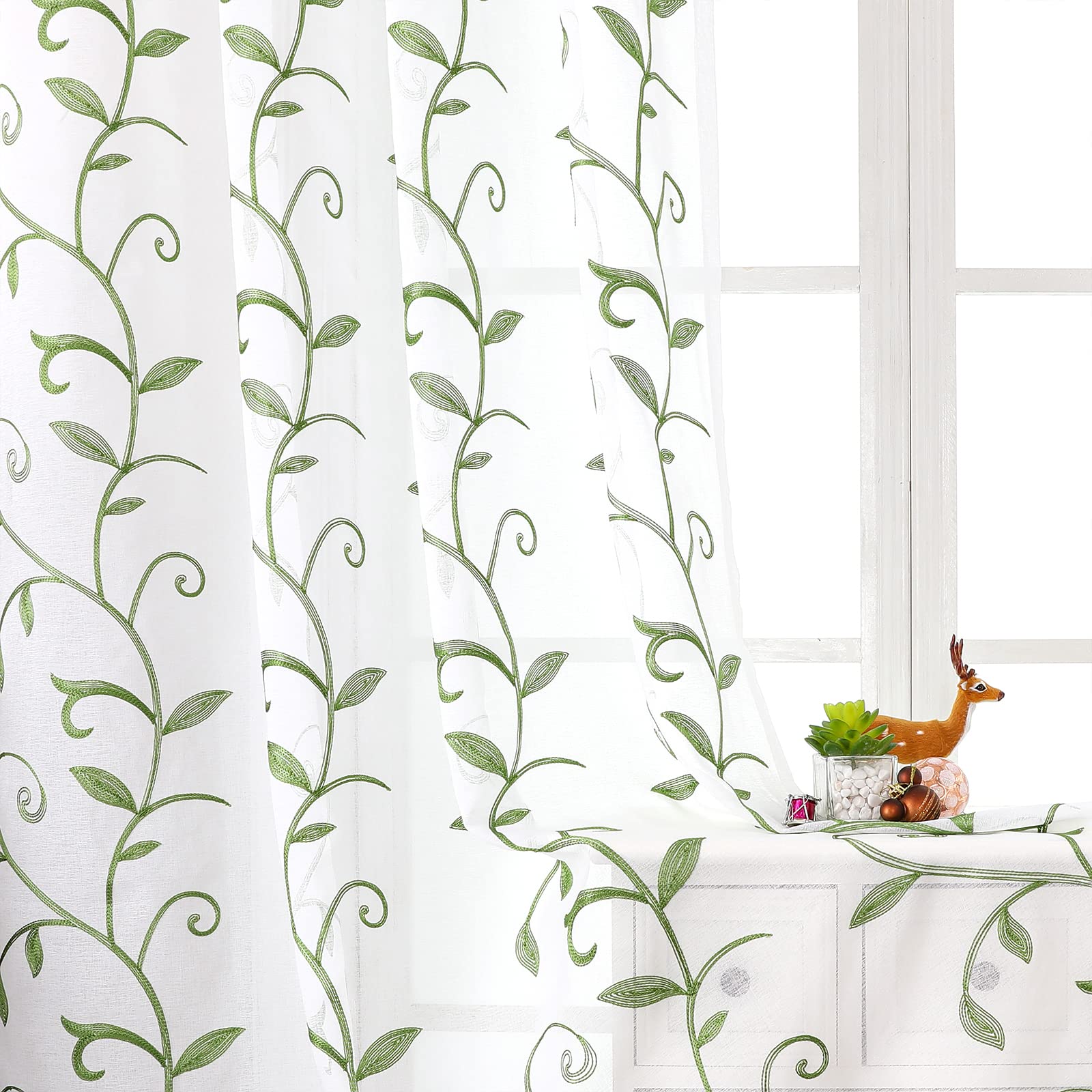 VISIONTEX Sheer Curtains 84 Inches Long 2 Panels Set Cream Beige Embroidered Floral Leaf Pattern Rod Pocket Semi Sheer Voile Window Curtains/Drapes for Bedroom Living Room 54 x 84 Inches