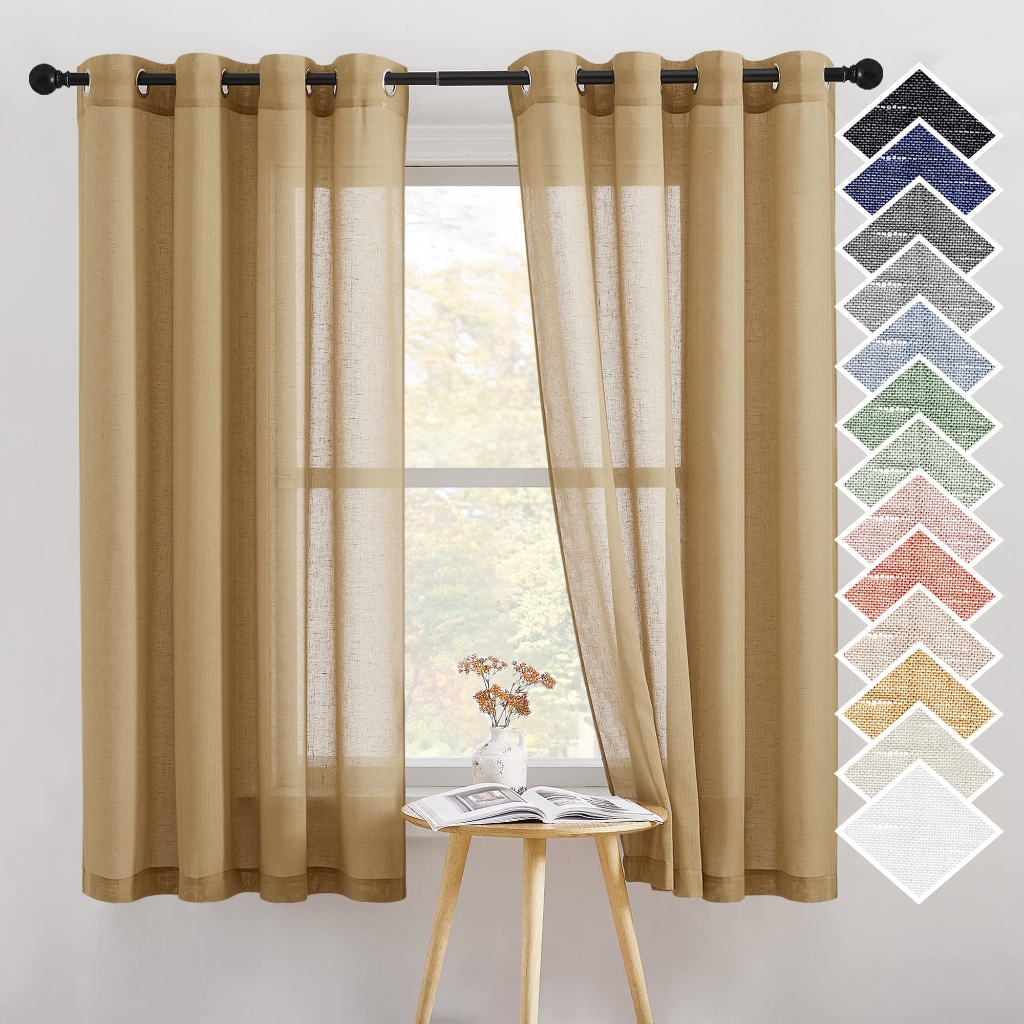 NICETOWN Semi Sheer Beige Curtains 84 inches Long, Grommet Retro Linen Curtains Window Treatments Vertical Drapes Privacy with Light Filter for Living Room, W52 x L84, 2 Panels