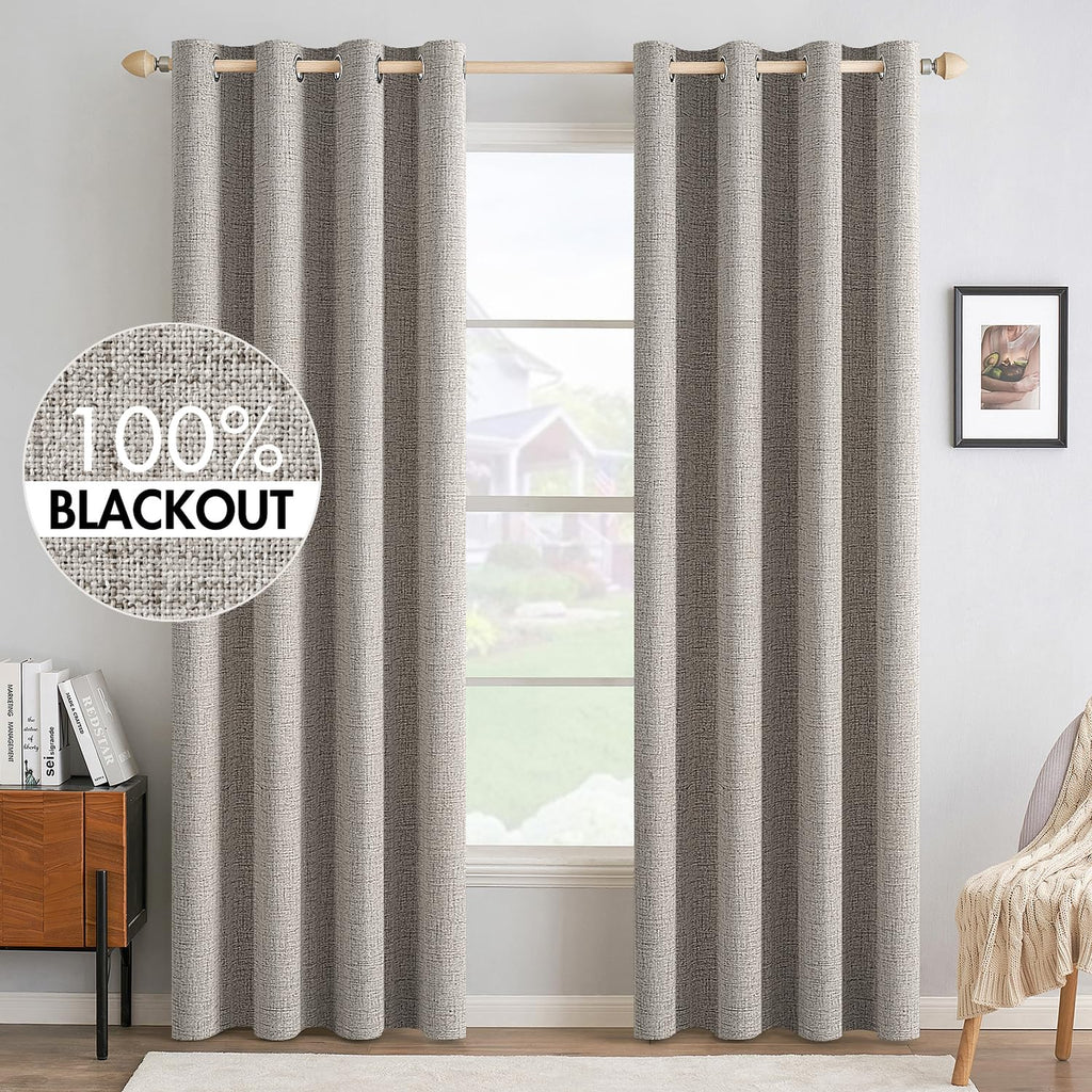 MIULEE 90 Inches Linen Textured Curtains for Bedroom 100% Blackout Thermal Insulated Natural Beige Grommet Room Darkening Curtains & Drapes Luxury Decor for Living Room Nursery 52 x 90 Inch (2 Panels)