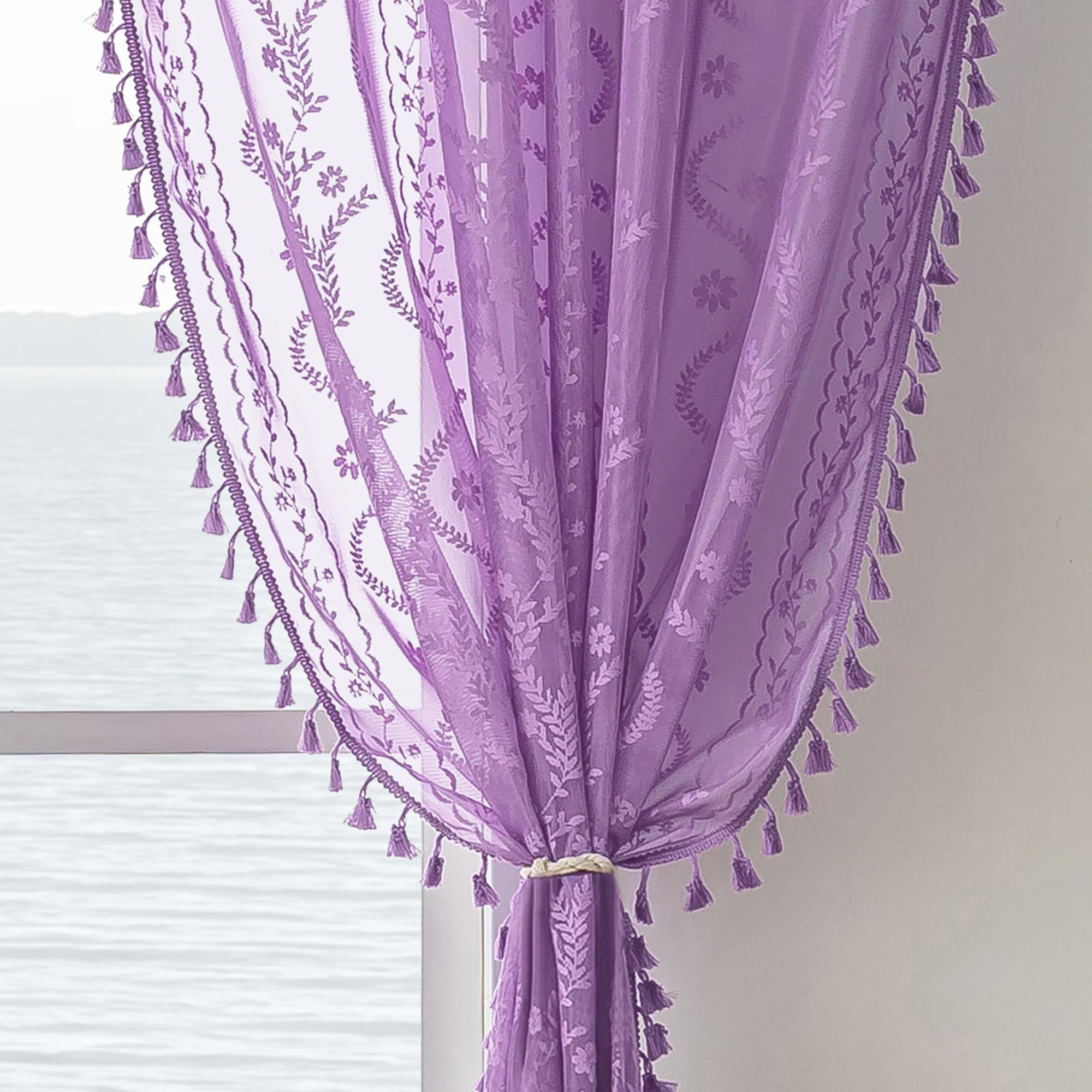WAZZIO Boho Lace Curtains 2 Panels 84 Inches Long-Cute Vintage Victorian Sheer Panels with French Country Flower Pattern & Tassel Light Filtering Privacy for Bedroom Dining Living Room,Beige