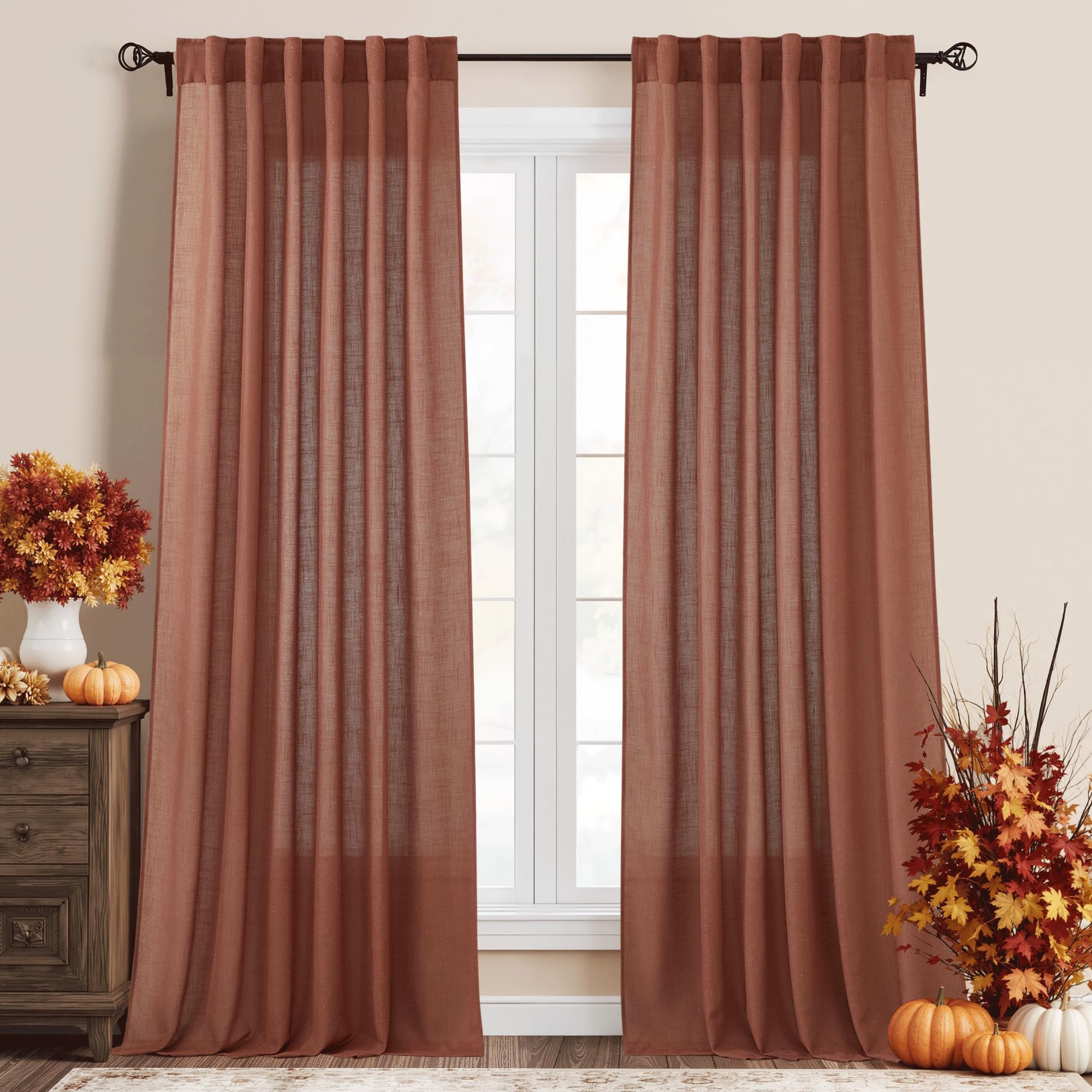 RYB HOME White Sheer Curtains Linen Texture Window Panels, Semi Sheer Light Filetring Rod Pocket & Back Tab Drapes for Bedroom, 52 x 84 inches, Pack of 2