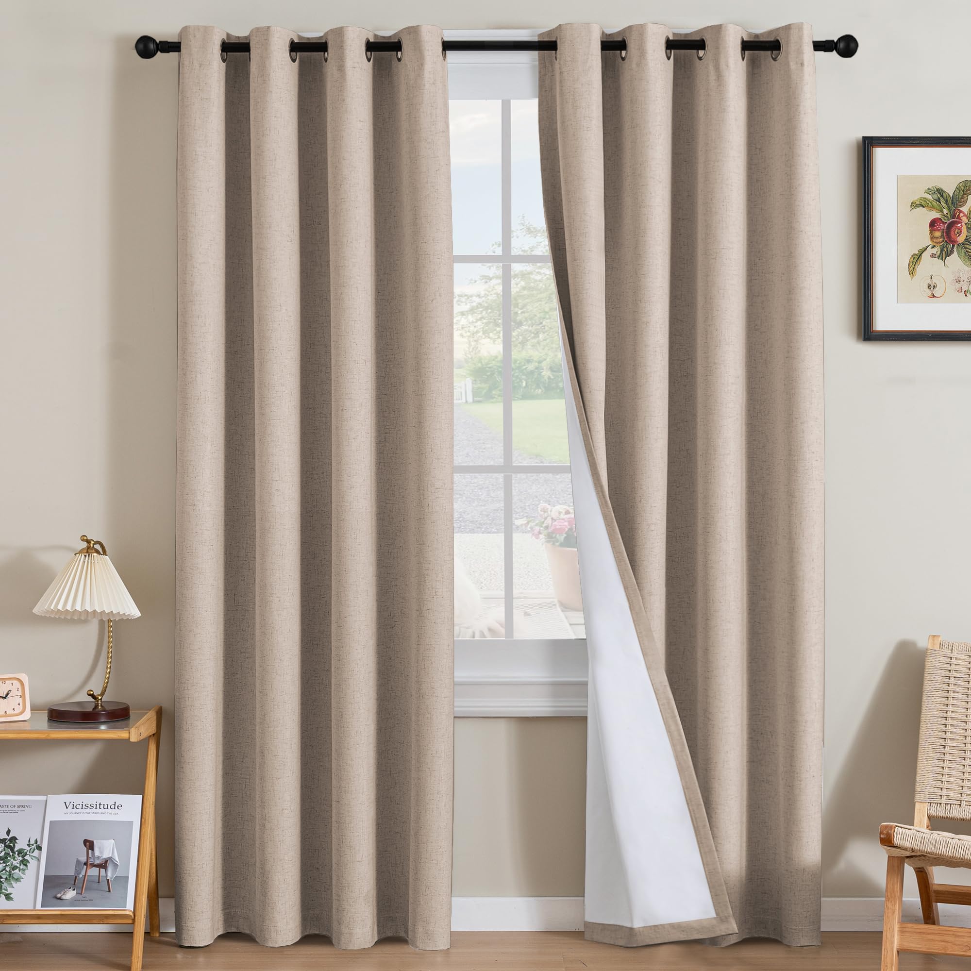 H.VERSAILTEX Linen 100% Blackout Curtains for Bedroom Full Light Blocking Curtains, Textured Window Curtain for Living Room 84 inch Grommet, Energy Efficient Curtains White Liner(2 Panels, Natural)