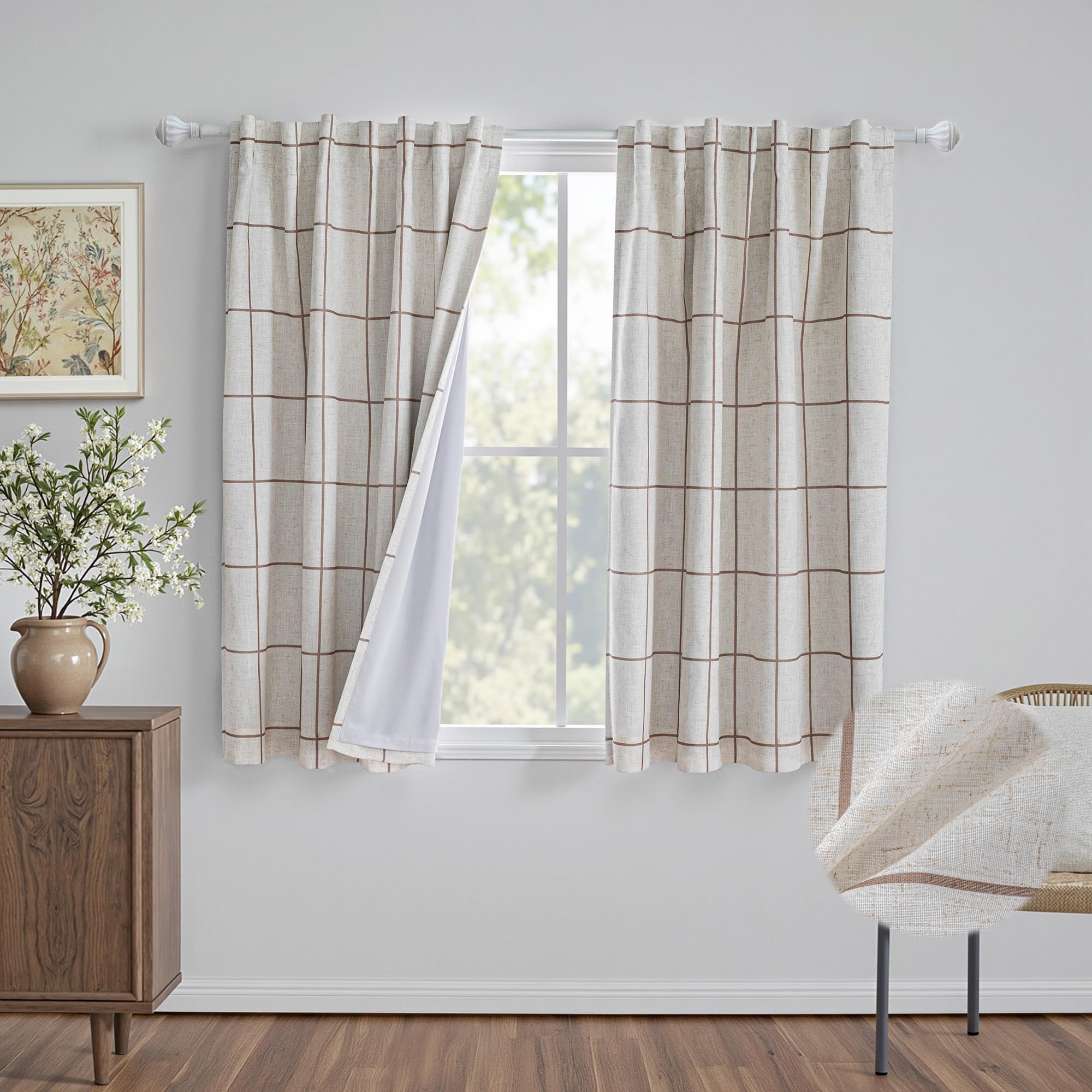 MYSKY HOME 100% Blackout Plaid Farmhouse Linen Curtains 84 Inch Long for Living Room Double Layer Windowpane Drapes Thermal Insulated Privacy Protection Rod Pocket Back Tab, 52" W, Black, 1 Panel