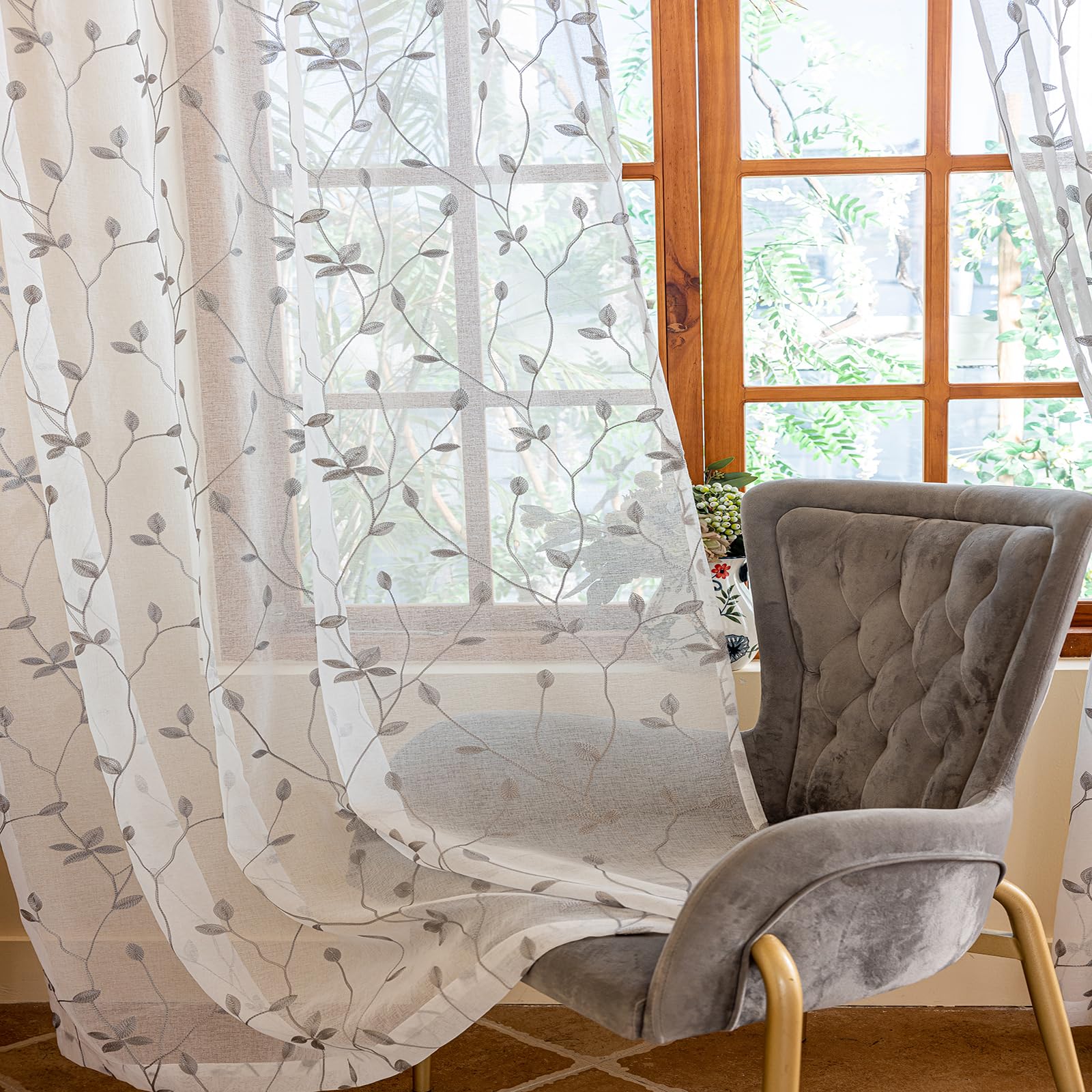 AmHoo 2 Panels Embroidered Leaf Pattern Semi Sheer Curtains Foliage Floral Voile Window Draperies Treatment for Bedroom Living Room Rod Pocket White Sage Green 53 x 84 Inch