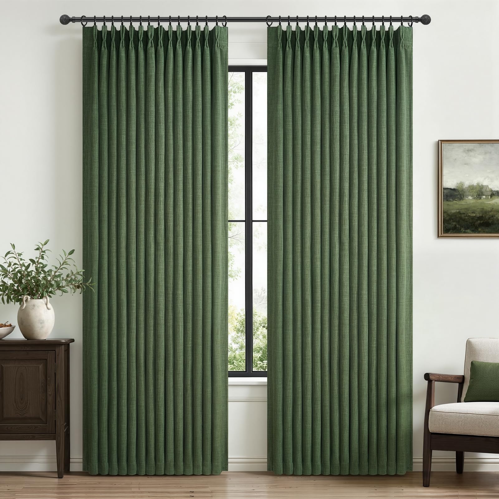 100% Blackout Linen 96 Inch Curtains 2 Panel Set for Bedroom, Modern Pinch Pleated Natural Linen Off Beige White Insulated Heavy Curtain 40 x 96 Inches Length Sliding Glass Door Room Darkening Drapes