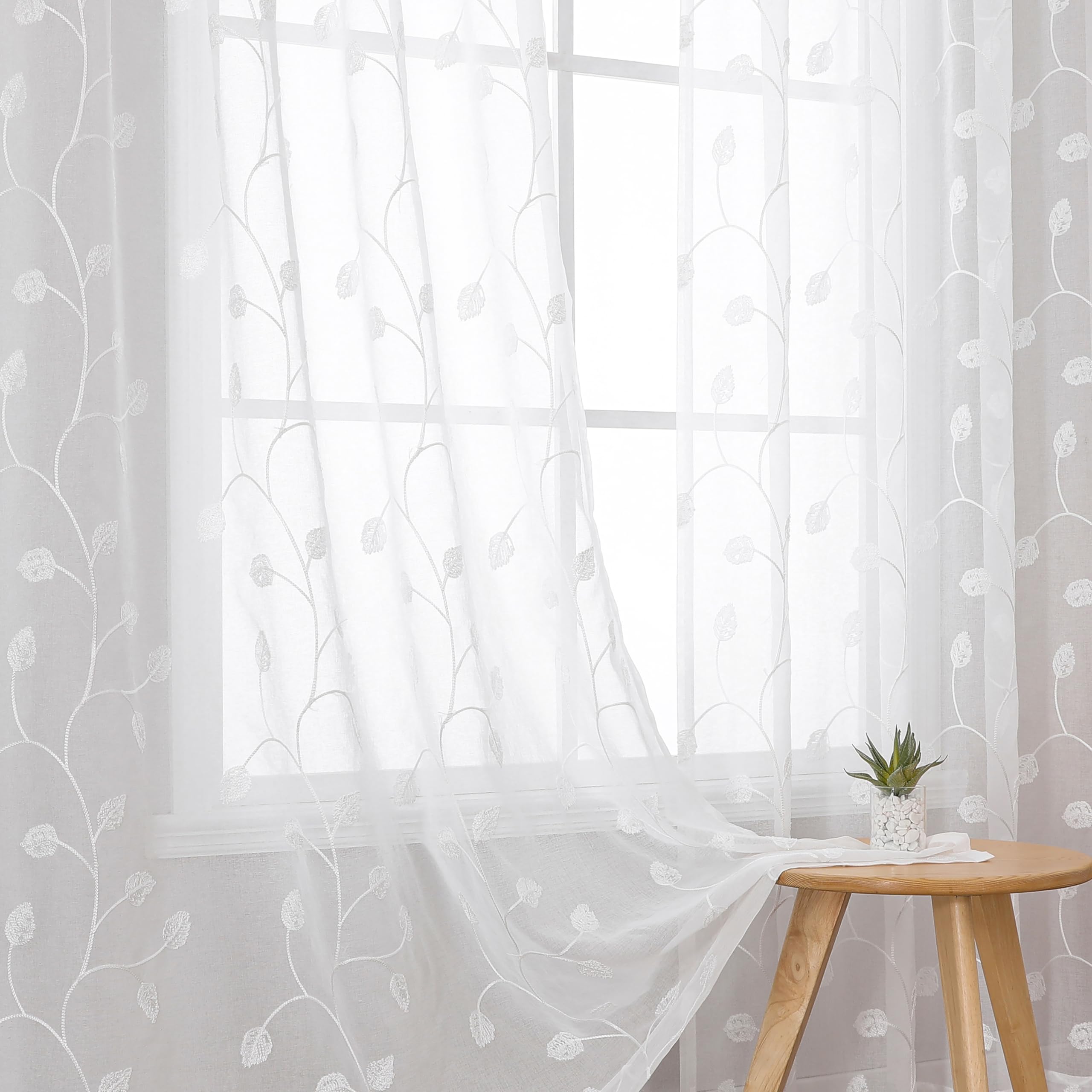 VISIONTEX Sheer Curtains 84 Inches Long 2 Panels Set Cream Beige Embroidered Floral Leaf Pattern Rod Pocket Semi Sheer Voile Window Curtains/Drapes for Bedroom Living Room 54 x 84 Inches