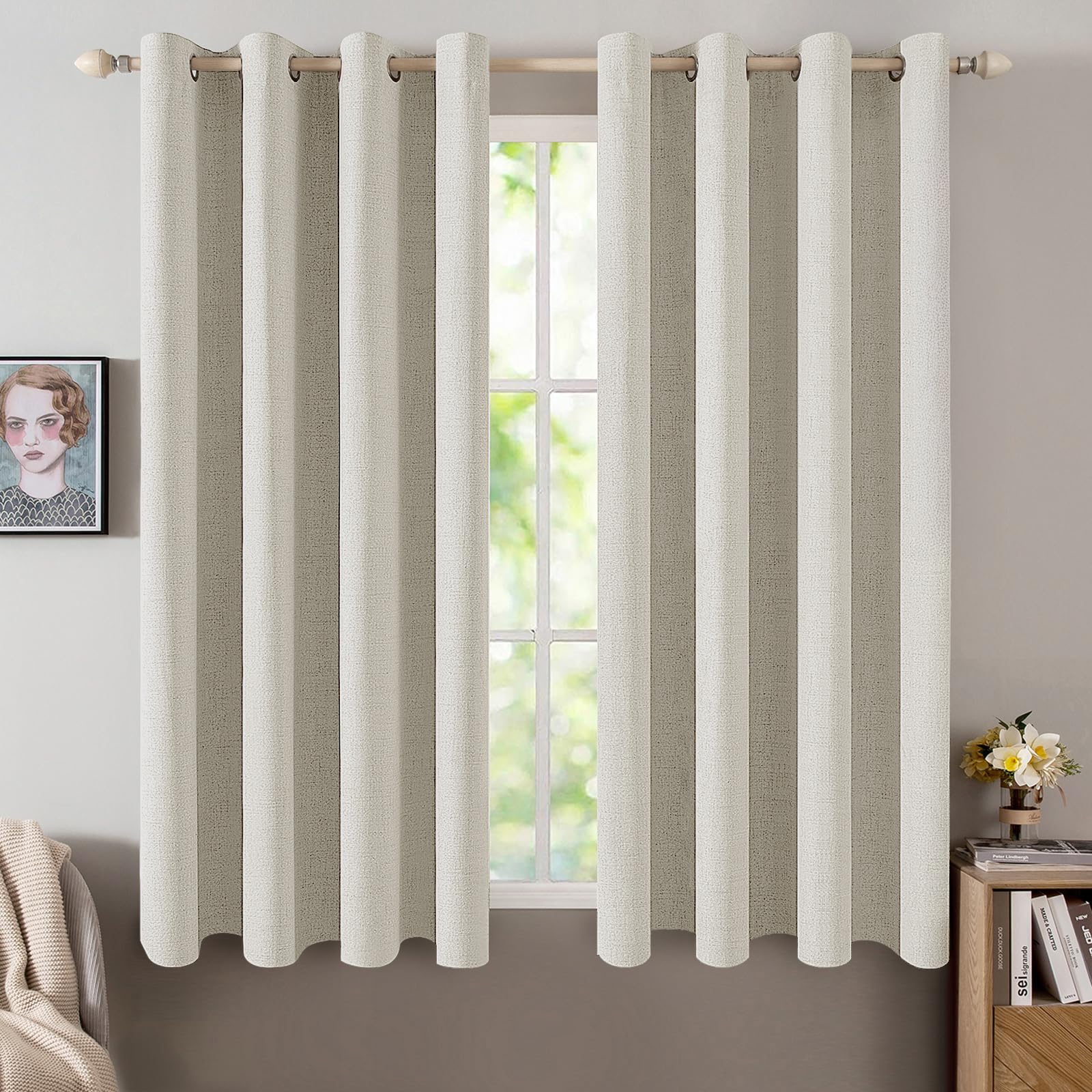 MIULEE 90 Inches Linen Textured Curtains for Bedroom 100% Blackout Thermal Insulated Natural Beige Grommet Room Darkening Curtains & Drapes Luxury Decor for Living Room Nursery 52 x 90 Inch (2 Panels)