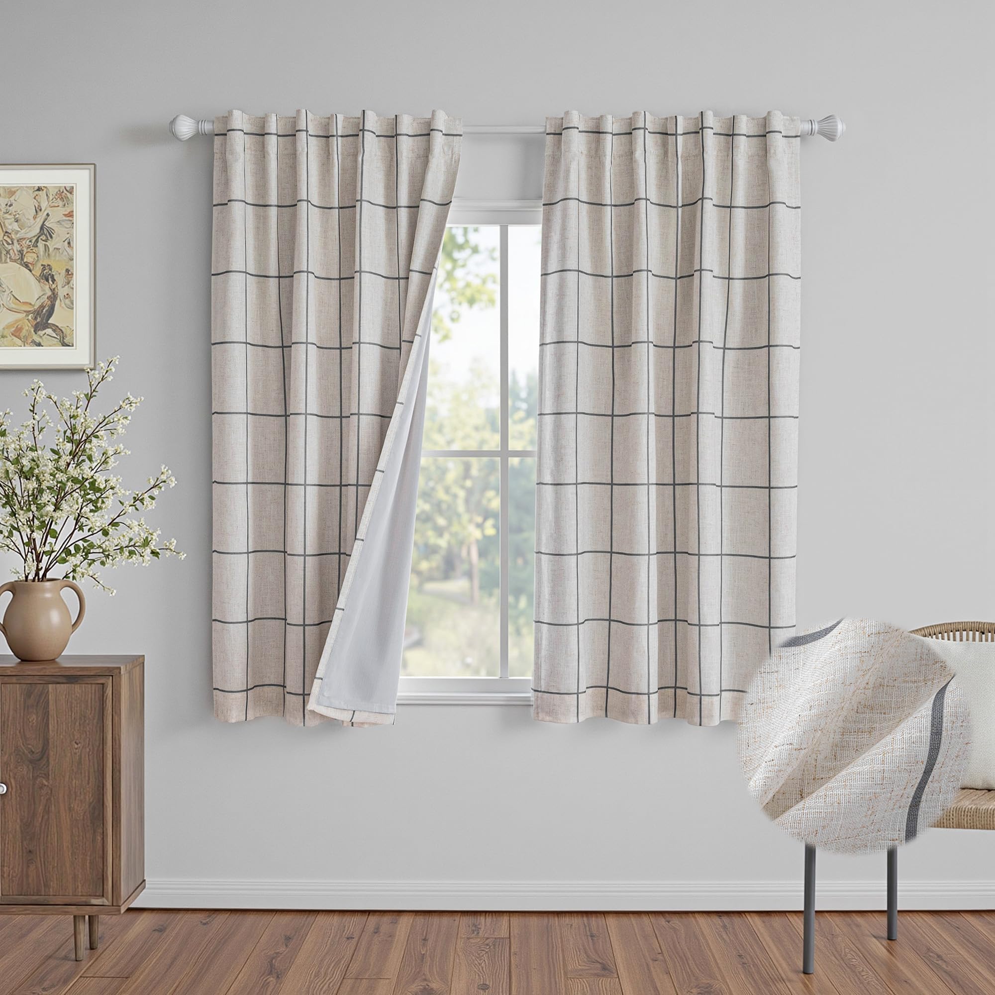 MYSKY HOME 100% Blackout Plaid Farmhouse Linen Curtains 84 Inch Long for Living Room Double Layer Windowpane Drapes Thermal Insulated Privacy Protection Rod Pocket Back Tab, 52" W, Black, 1 Panel
